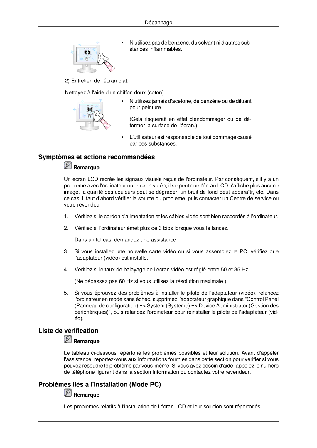 Samsung LH70CSBPLBC/EN Symptômes et actions recommandées, Liste de vérification, Problèmes liés à linstallation Mode PC 