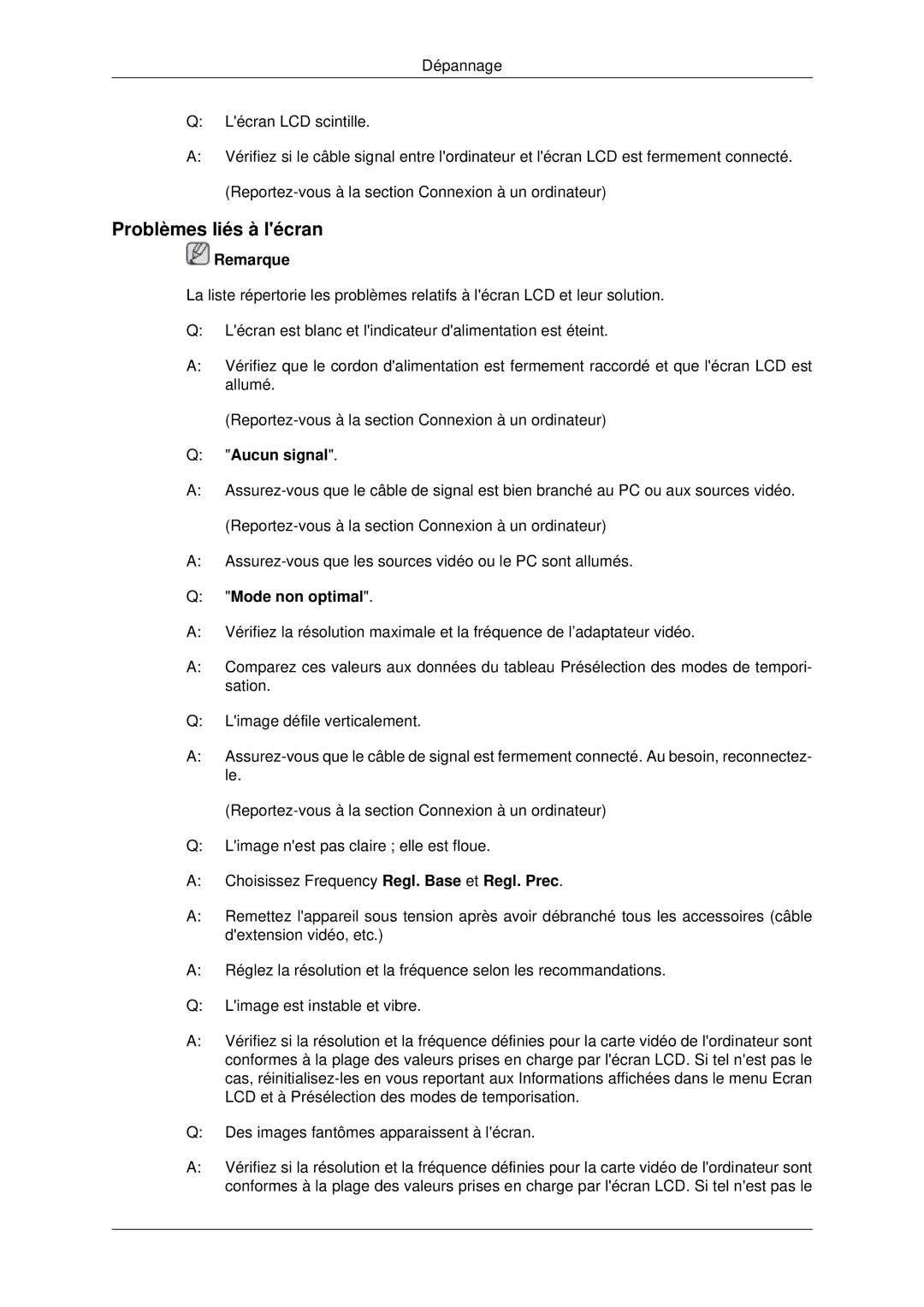 Samsung LH70CSBPLBC/EN manual Problèmes liés à lécran, Aucun signal, Mode non optimal 