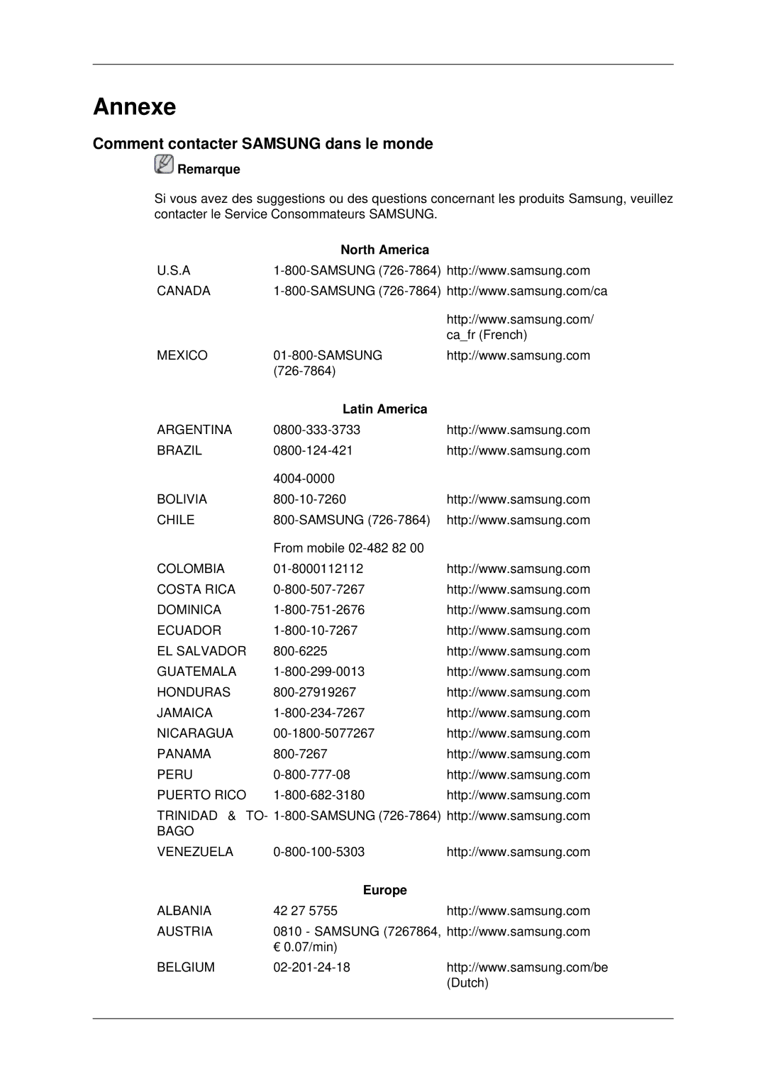 Samsung LH70CSBPLBC/EN manual Comment contacter Samsung dans le monde, North America, Latin America, Europe 