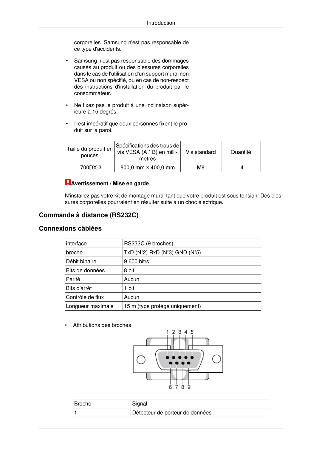 Samsung LH70CSBPLBC/EN manual Commande à distance RS232C Connexions câblées, Avertissement / Mise en garde 