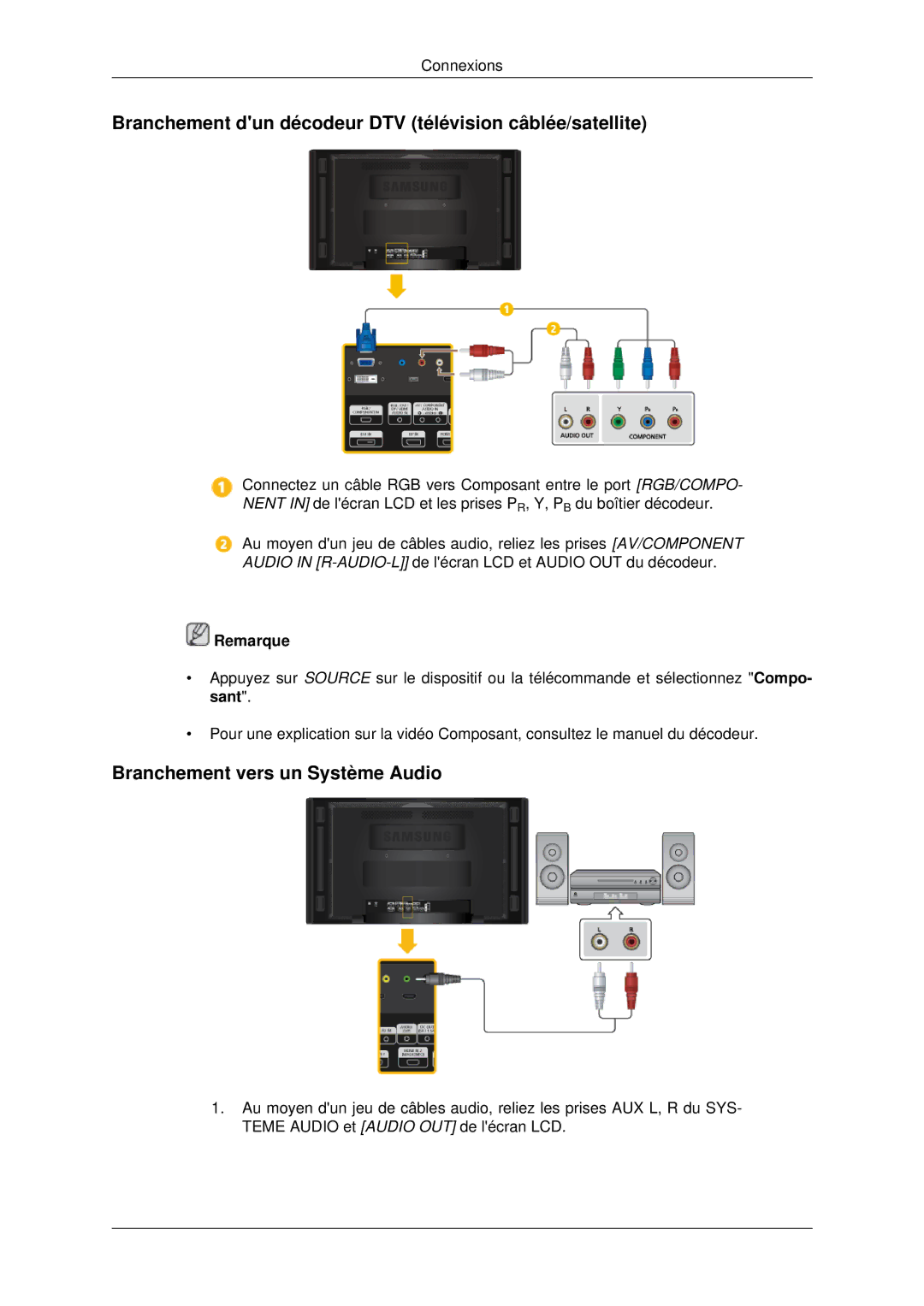 Samsung LH70CSBPLBC/EN manual Branchement dun décodeur DTV télévision câblée/satellite, Branchement vers un Système Audio 