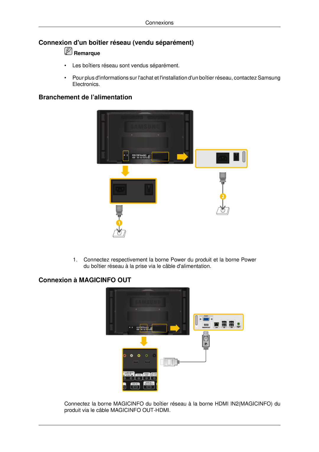 Samsung LH70CSBPLBC/EN manual Connexion dun boîtier réseau vendu séparément, Branchement de l’alimentation 