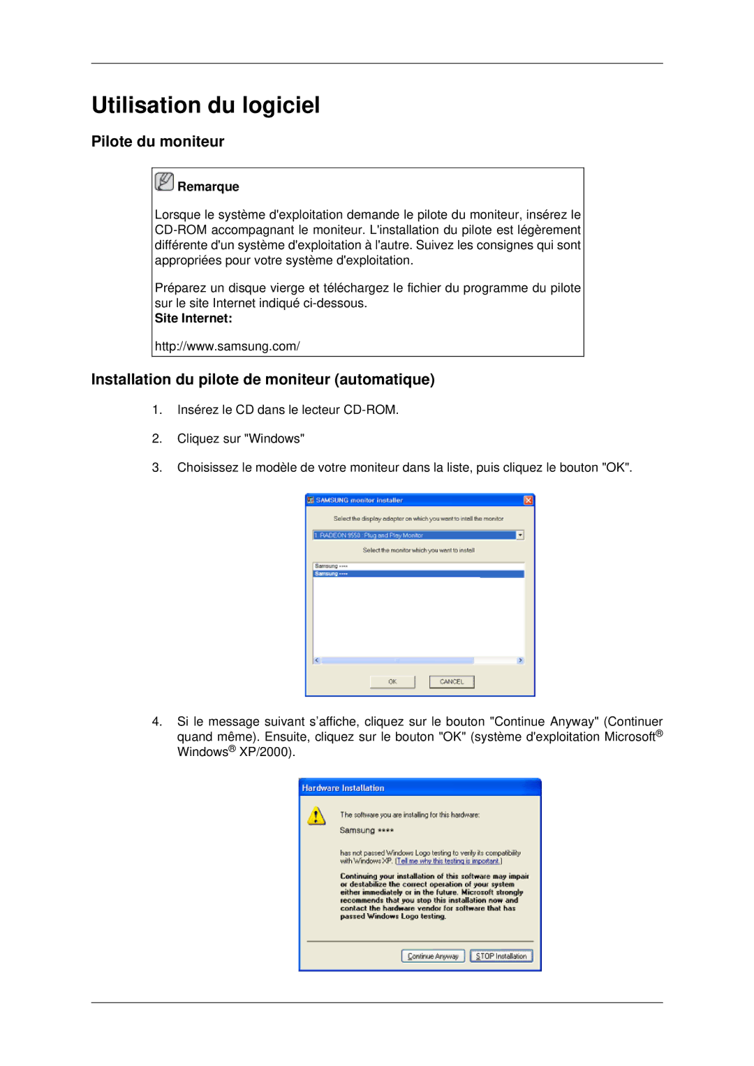 Samsung LH70CSBPLBC/EN manual Pilote du moniteur, Installation du pilote de moniteur automatique, Site Internet 