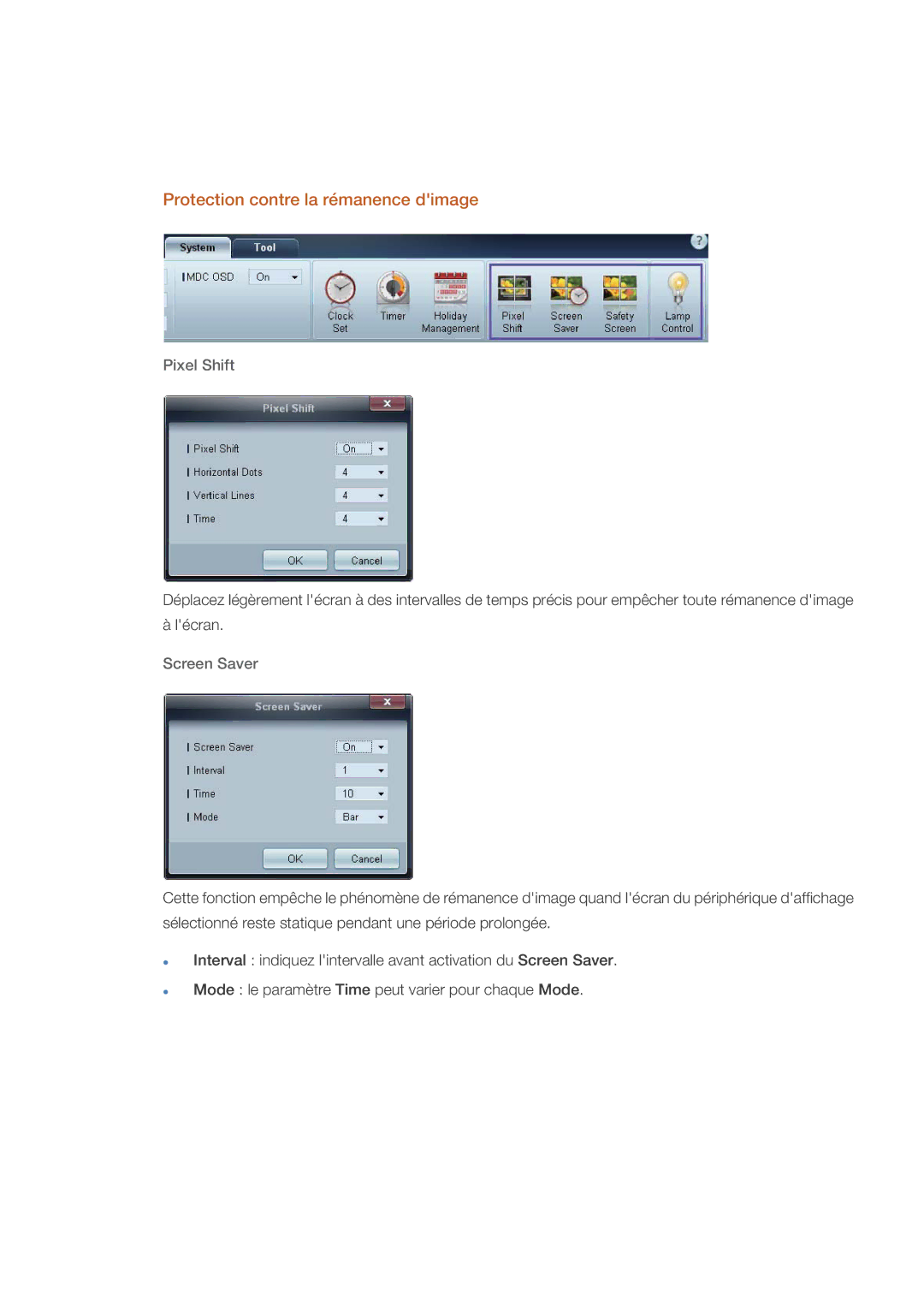 Samsung LH70CSBPLBC/EN manual Protection contre la rémanence dimage, Pixel Shift, Screen Saver 