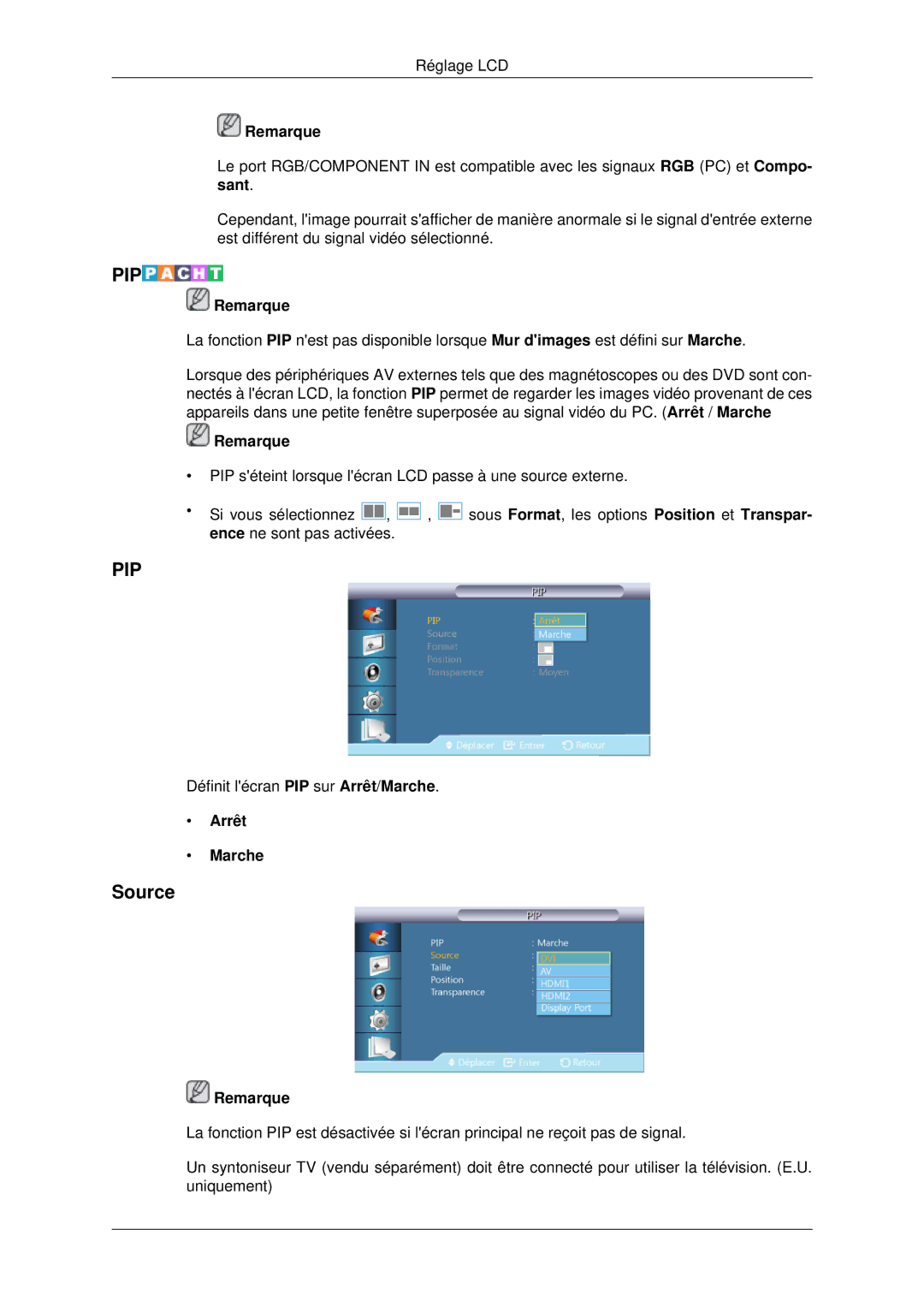 Samsung LH70CSBPLBC/EN manual Source, Arrêt Marche 