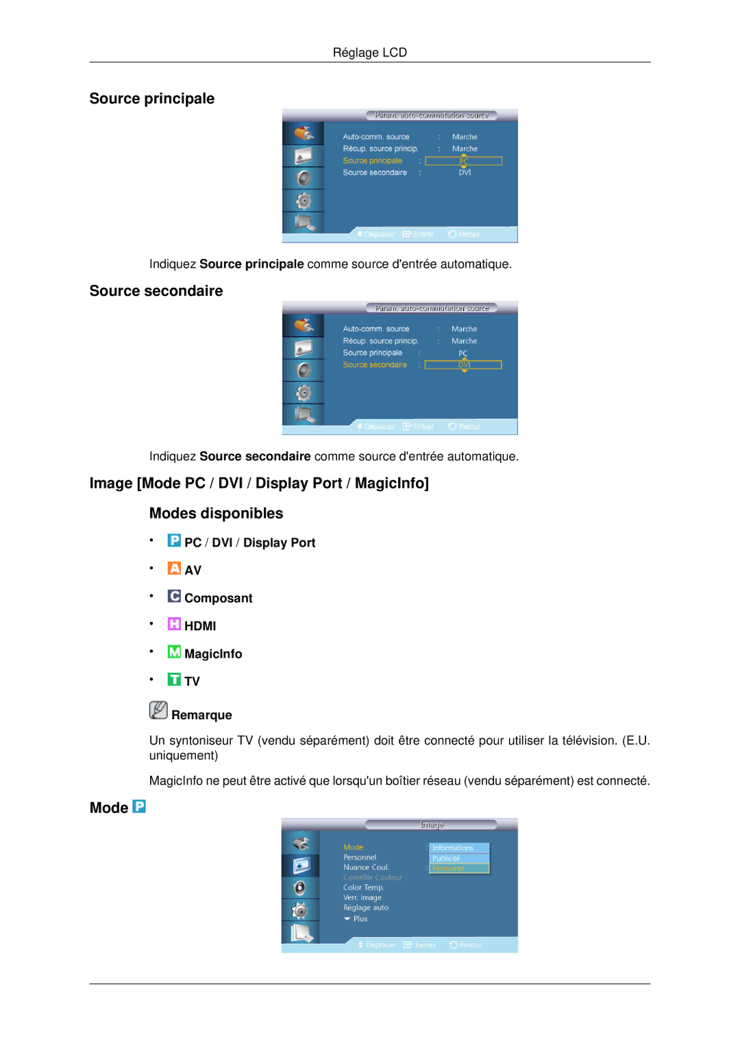 Samsung LH70CSBPLBC/EN manual Source principale, Source secondaire, Mode 