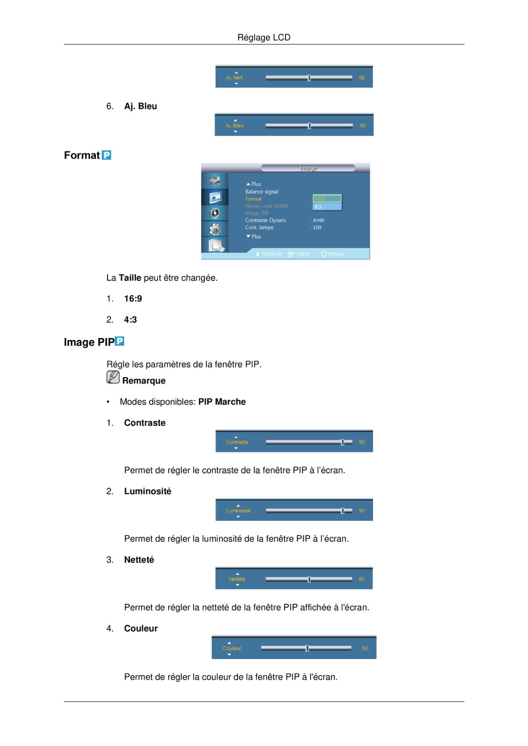 Samsung LH70CSBPLBC/EN manual Image PIP, Aj. Bleu, Couleur 