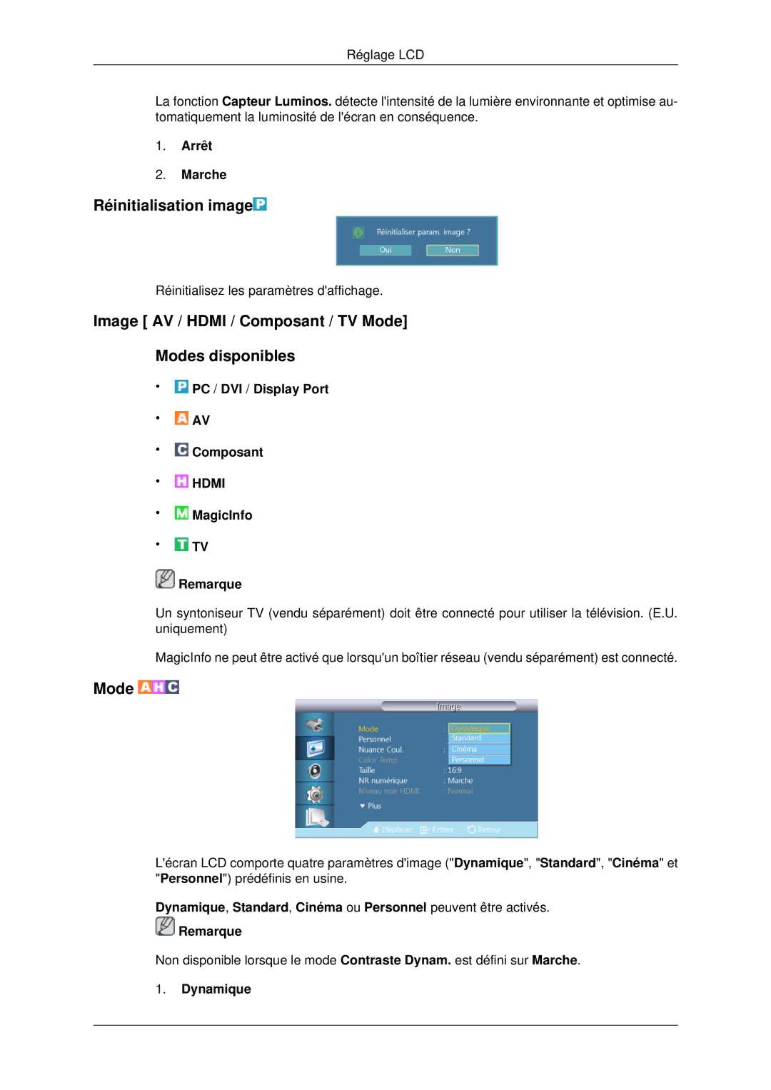 Samsung LH70CSBPLBC/EN manual Réinitialisation image, Image AV / Hdmi / Composant / TV Mode Modes disponibles, Dynamique 