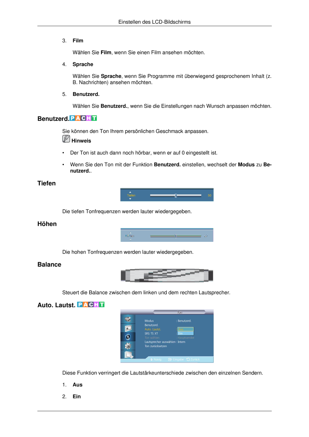 Samsung LH70CSBPLBC/EN manual Tiefen, Höhen, Balance, Auto. Lautst, Sprache 