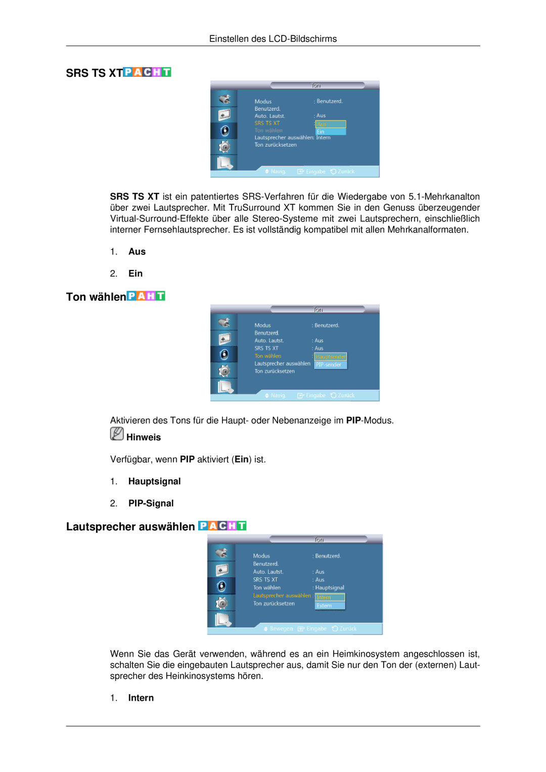 Samsung LH70CSBPLBC/EN manual Ton wählen, Lautsprecher auswählen, Hauptsignal PIP-Signal, Intern 