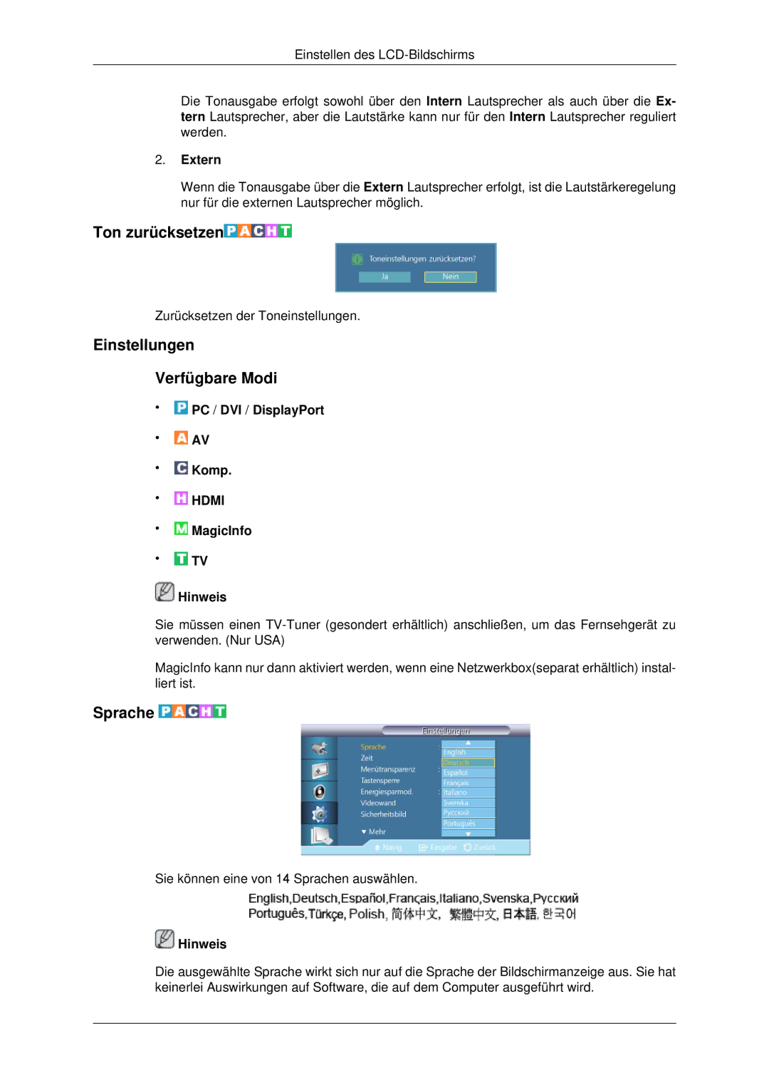 Samsung LH70CSBPLBC/EN manual Ton zurücksetzen, Einstellungen Verfügbare Modi, Sprache, Extern 