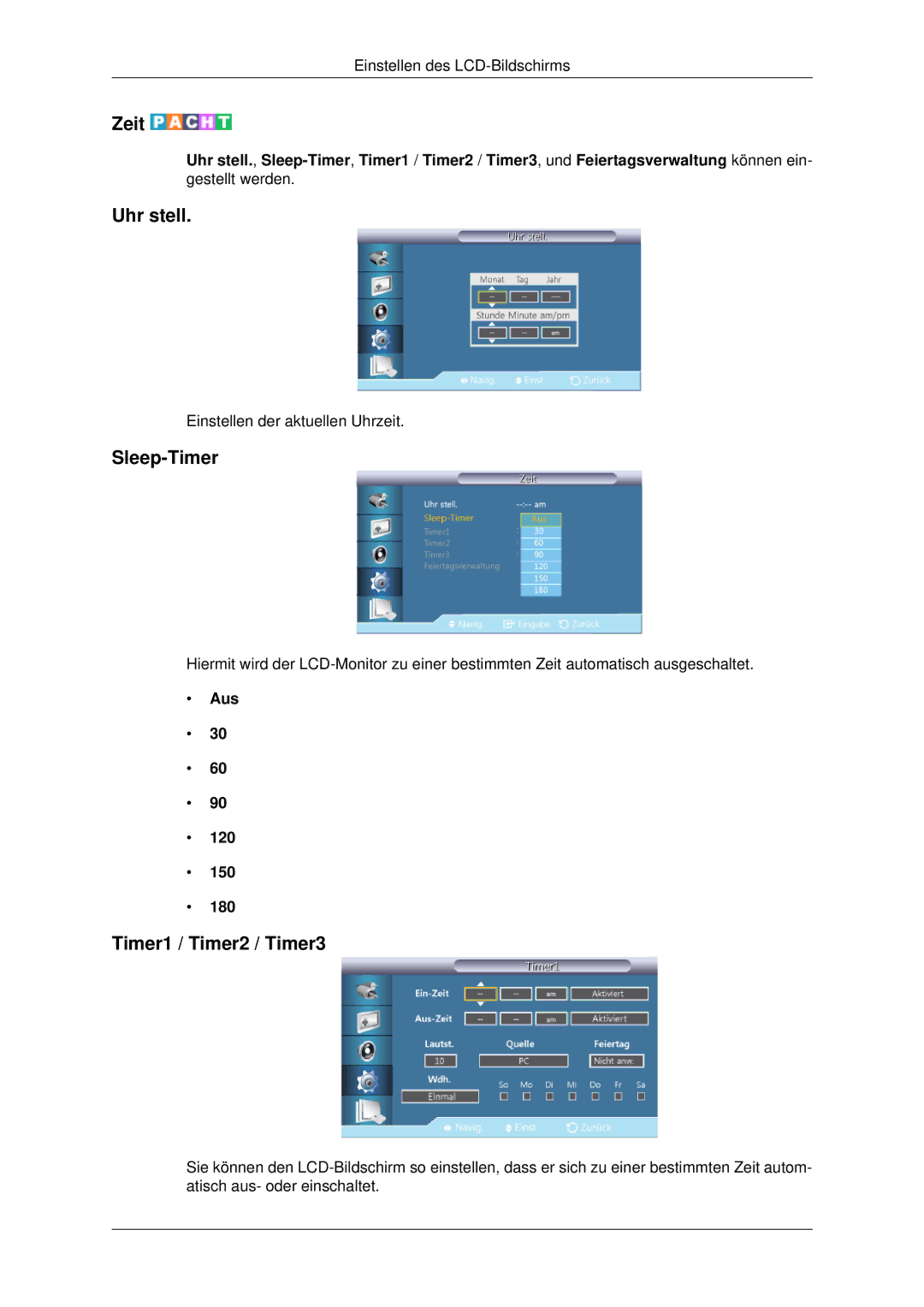 Samsung LH70CSBPLBC/EN manual Zeit, Uhr stell, Sleep-Timer, Timer1 / Timer2 / Timer3, Aus 120 150 180 