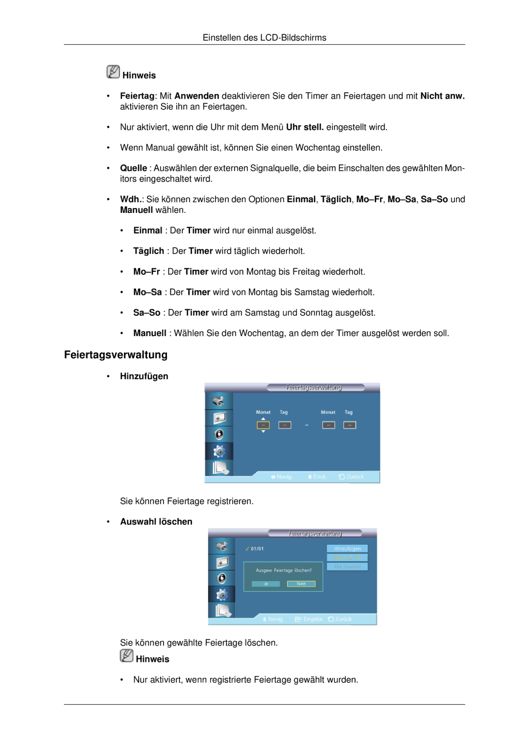 Samsung LH70CSBPLBC/EN manual Feiertagsverwaltung, Hinzufügen, Auswahl löschen 