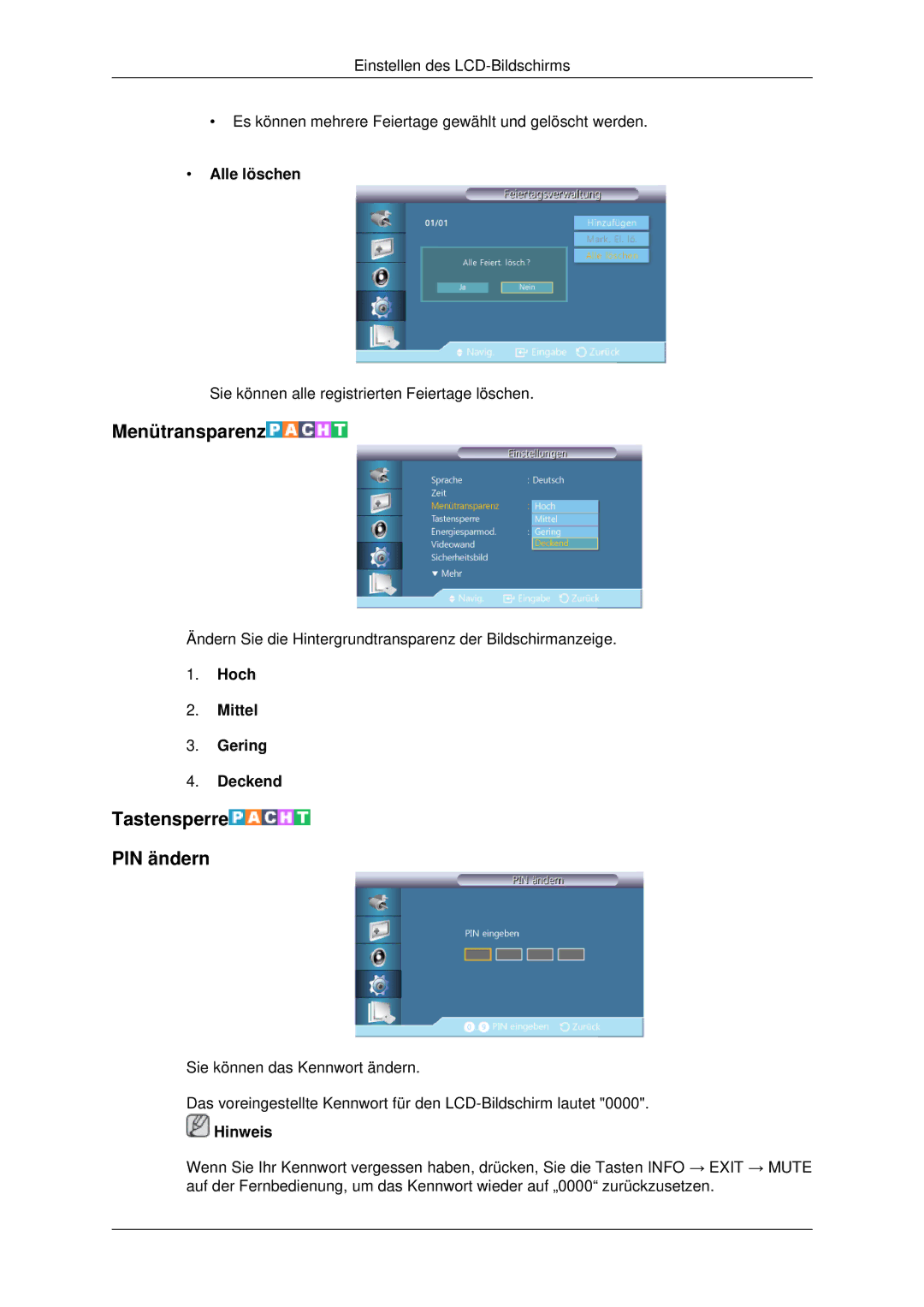 Samsung LH70CSBPLBC/EN manual Menütransparenz, Tastensperre PIN ändern, Alle löschen, Hoch Mittel Gering Deckend 