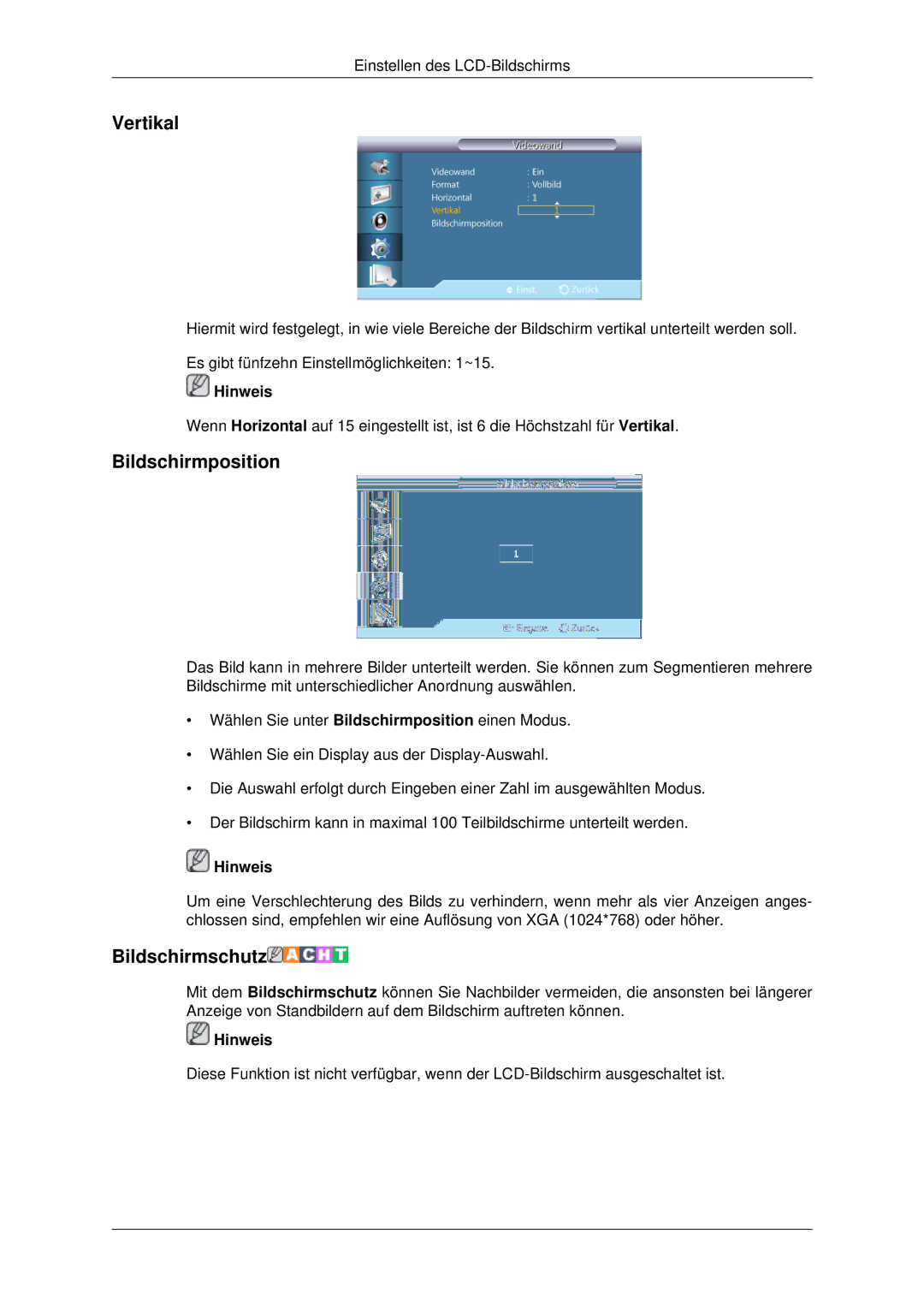 Samsung LH70CSBPLBC/EN manual Vertikal, Bildschirmposition, Bildschirmschutz 