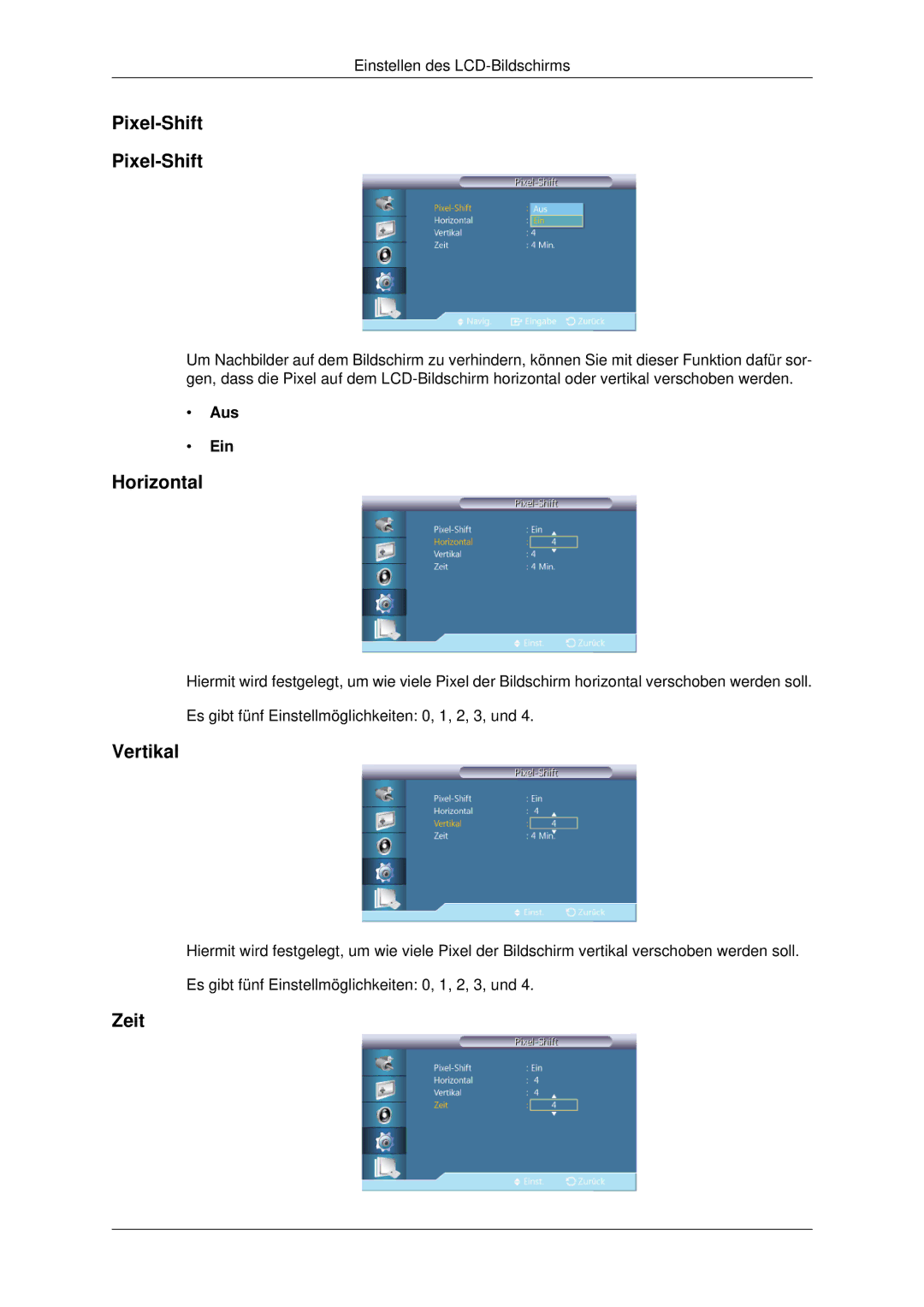 Samsung LH70CSBPLBC/EN manual Pixel-Shift, Zeit 