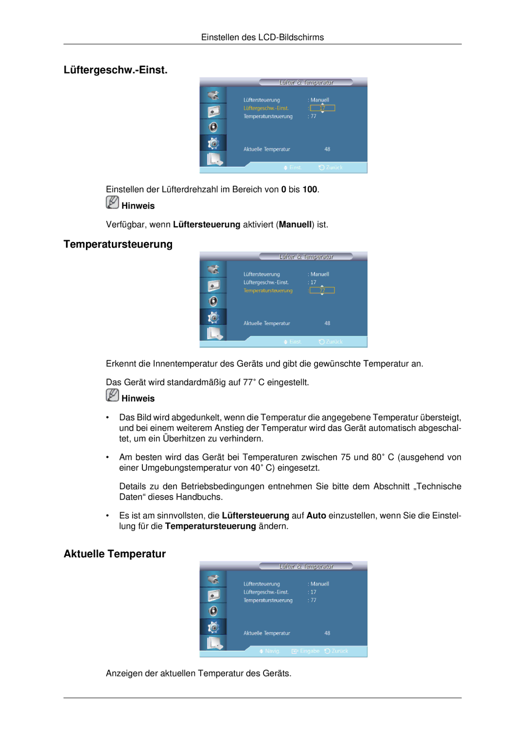 Samsung LH70CSBPLBC/EN manual Lüftergeschw.-Einst, Temperatursteuerung, Aktuelle Temperatur 