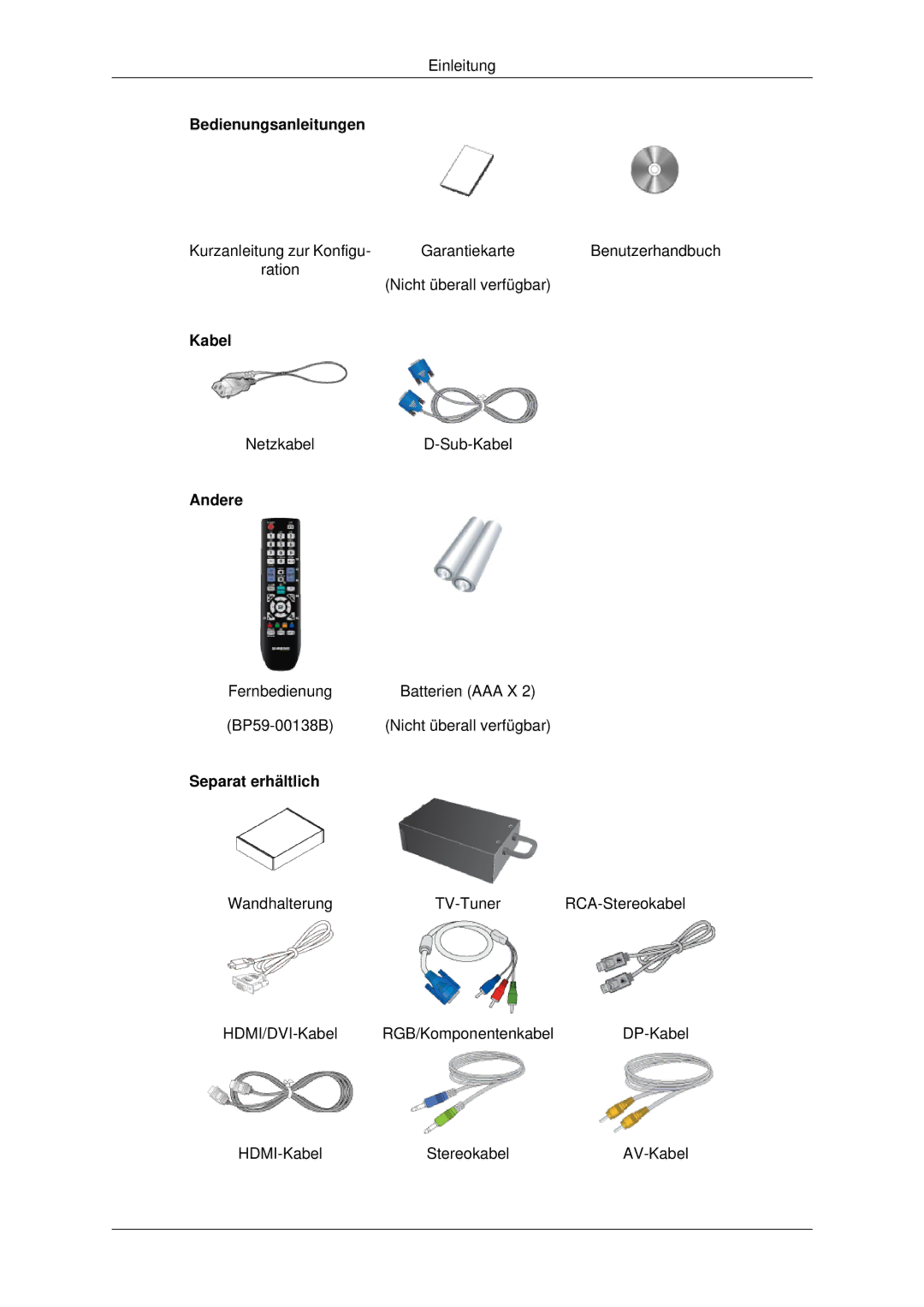 Samsung LH70CSBPLBC/EN manual Bedienungsanleitungen, Kabel, Andere, Separat erhältlich 