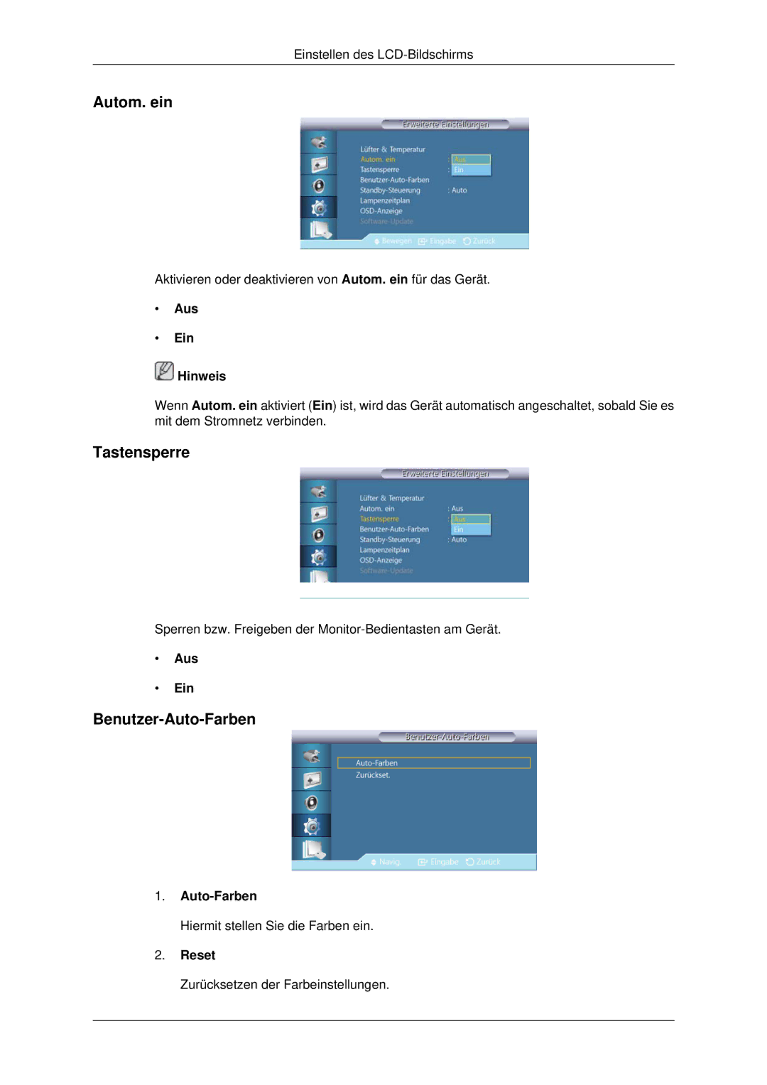 Samsung LH70CSBPLBC/EN manual Autom. ein, Tastensperre, Benutzer-Auto-Farben, Reset 