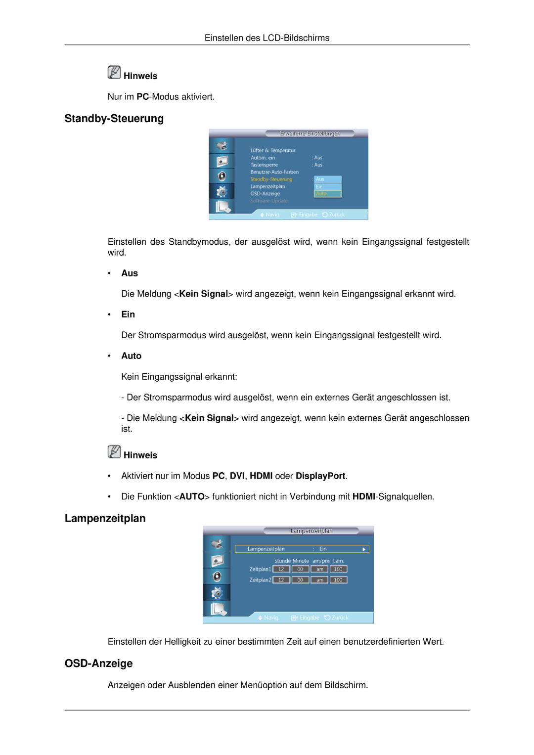 Samsung LH70CSBPLBC/EN manual Standby-Steuerung, Lampenzeitplan, OSD-Anzeige, Aus, Auto 