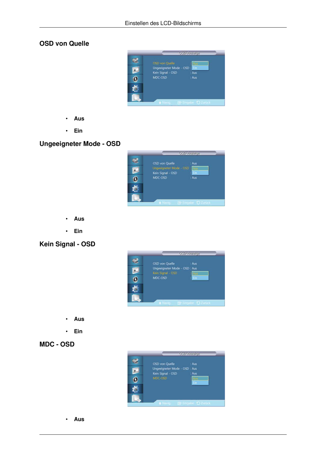 Samsung LH70CSBPLBC/EN manual OSD von Quelle, Ungeeigneter Mode OSD, Kein Signal OSD 