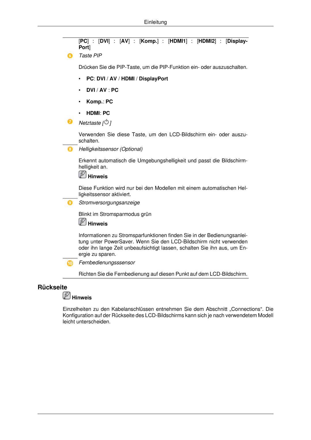 Samsung LH70CSBPLBC/EN manual Rückseite, PC DVI / AV / Hdmi / DisplayPort DVI / AV PC Komp. PC 