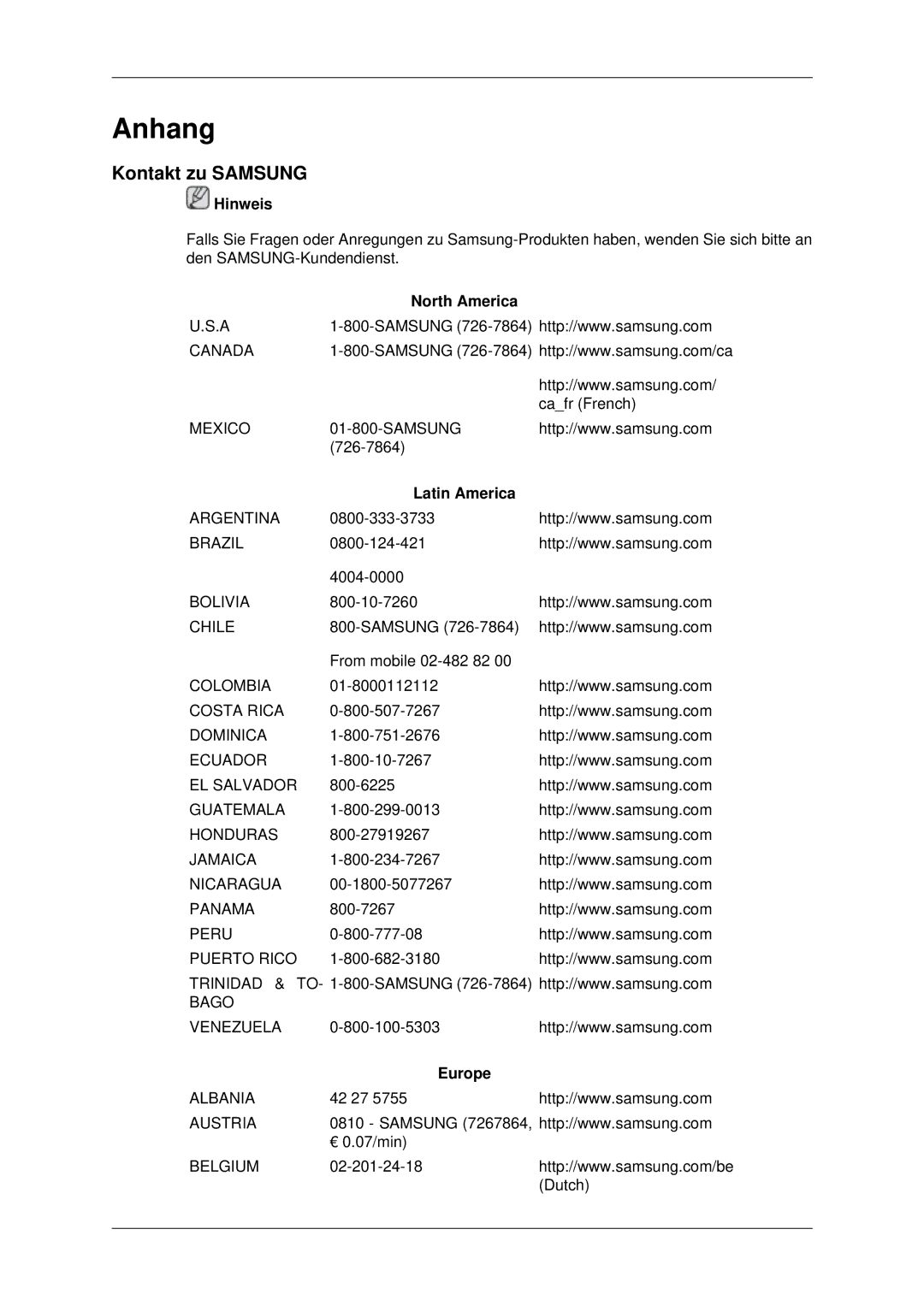 Samsung LH70CSBPLBC/EN manual Kontakt zu Samsung, North America, Latin America, Europe 