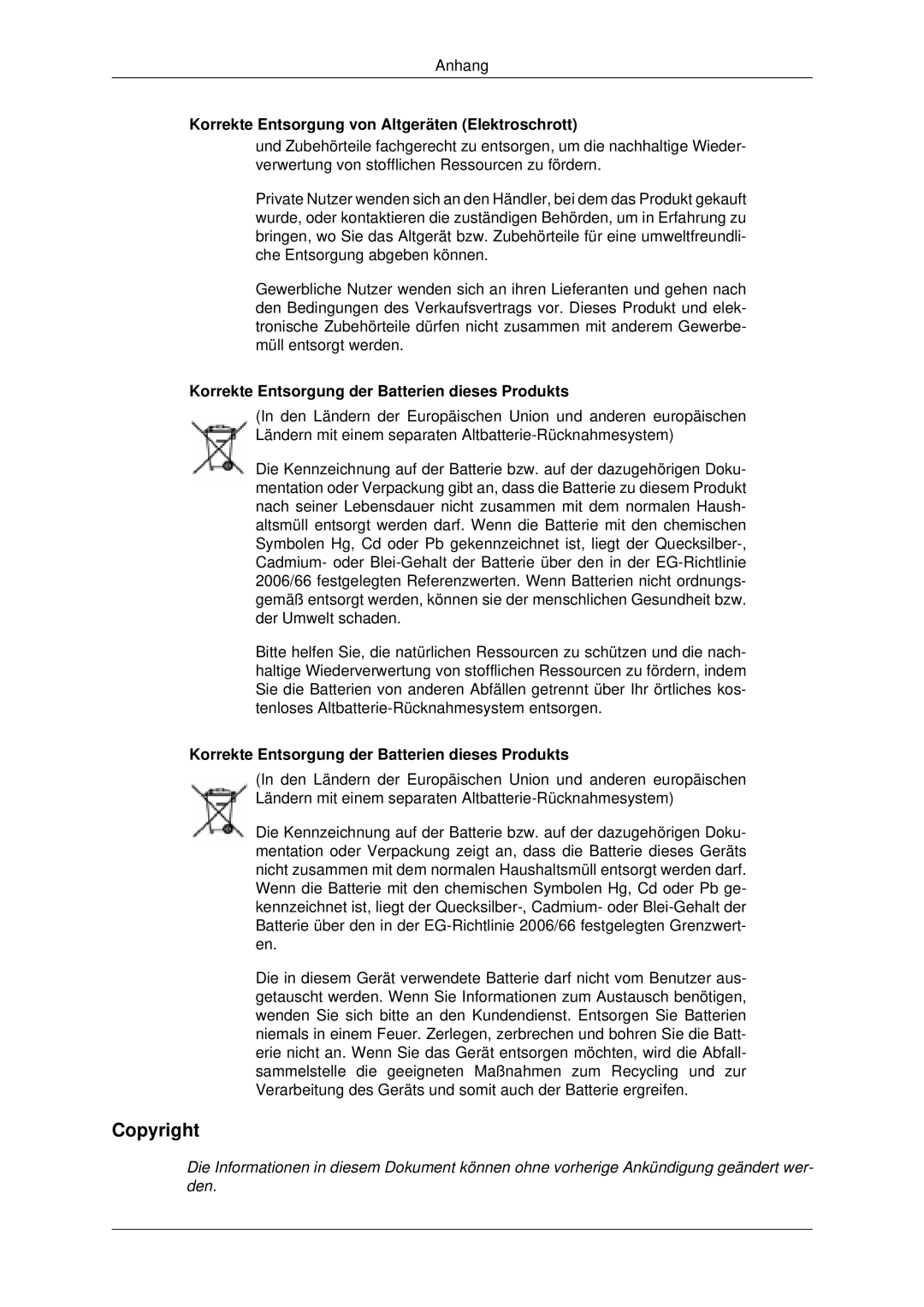 Samsung LH70CSBPLBC/EN manual Copyright, Korrekte Entsorgung der Batterien dieses Produkts 