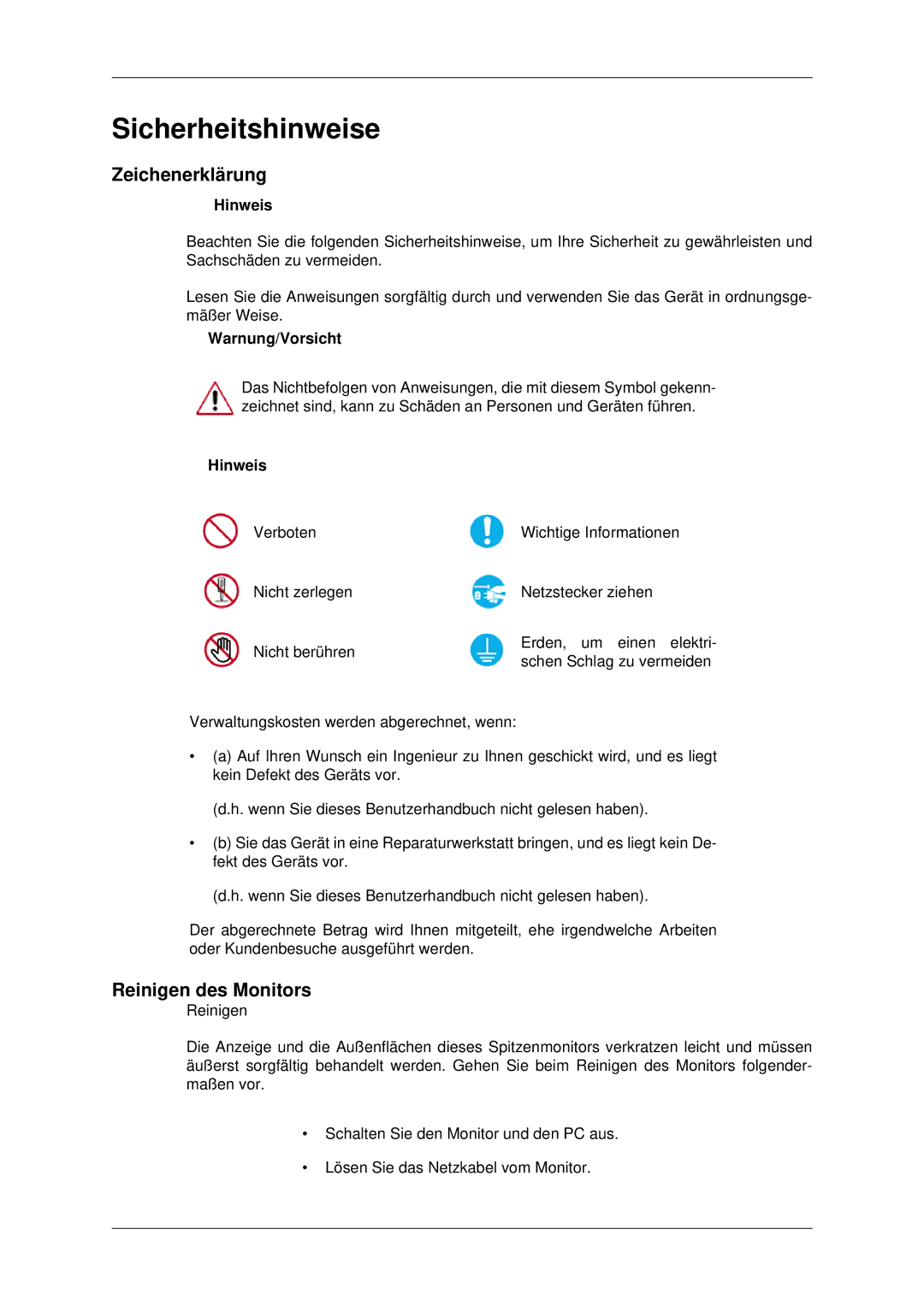 Samsung LH70CSBPLBC/EN manual Zeichenerklärung, Reinigen des Monitors, Hinweis, Warnung/Vorsicht 