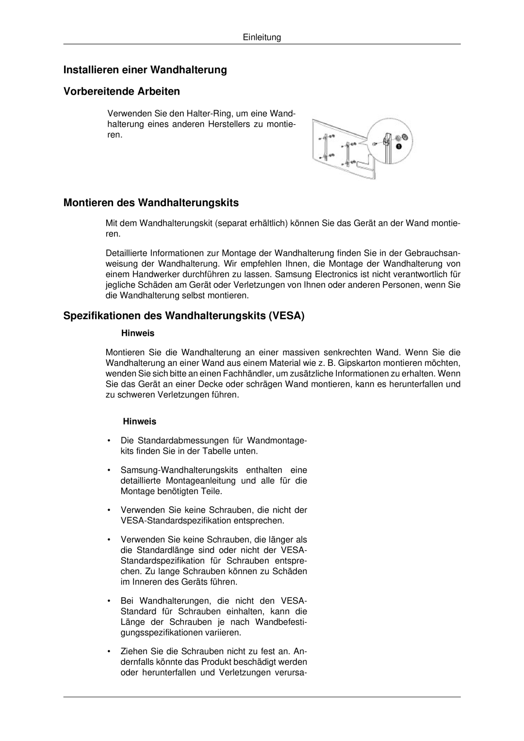 Samsung LH70CSBPLBC/EN manual Installieren einer Wandhalterung Vorbereitende Arbeiten, Montieren des Wandhalterungskits 