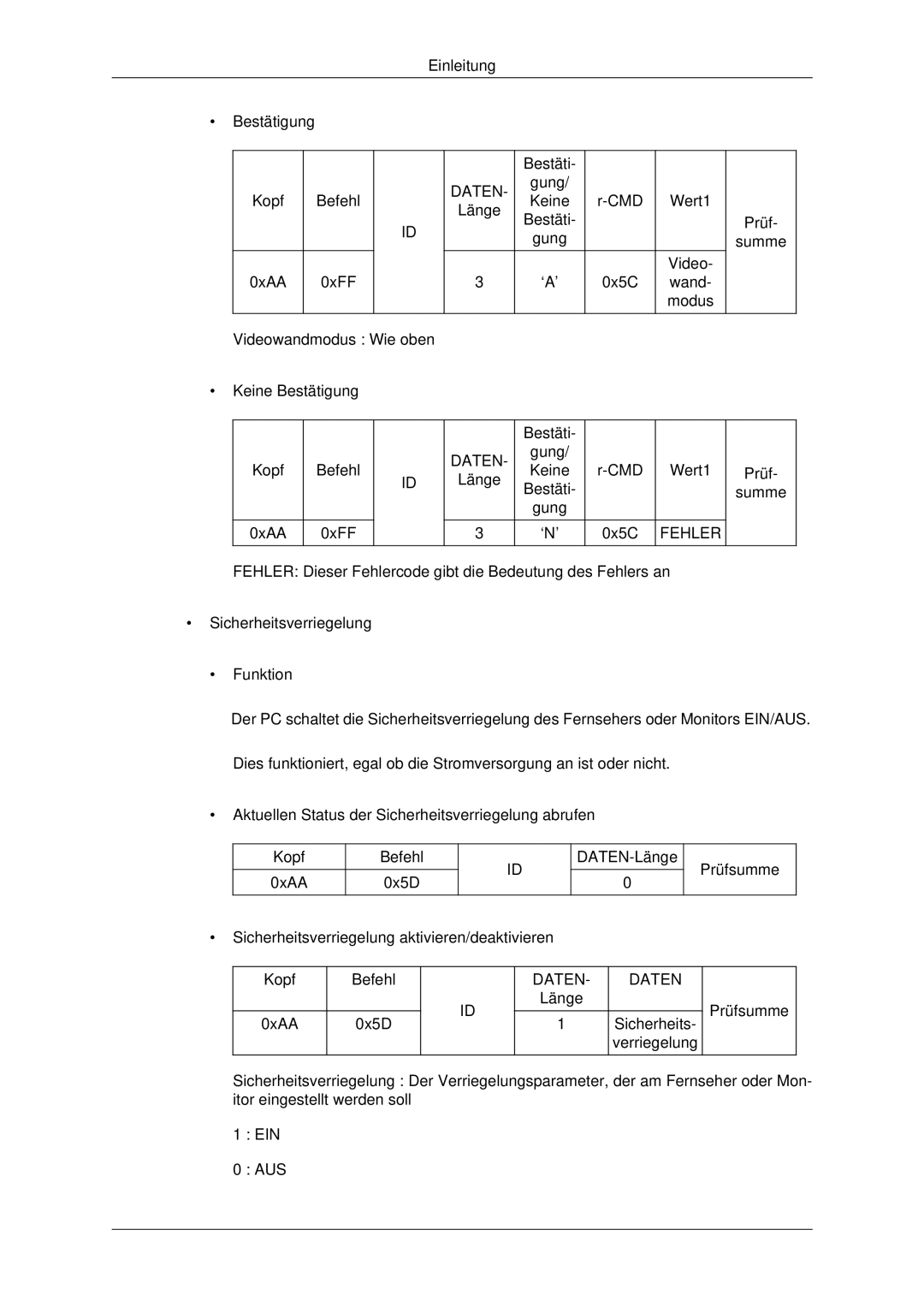 Samsung LH70CSBPLBC/EN manual Länge Bestäti Gung Keine ‘N’ CMD 0x5C Wert1 