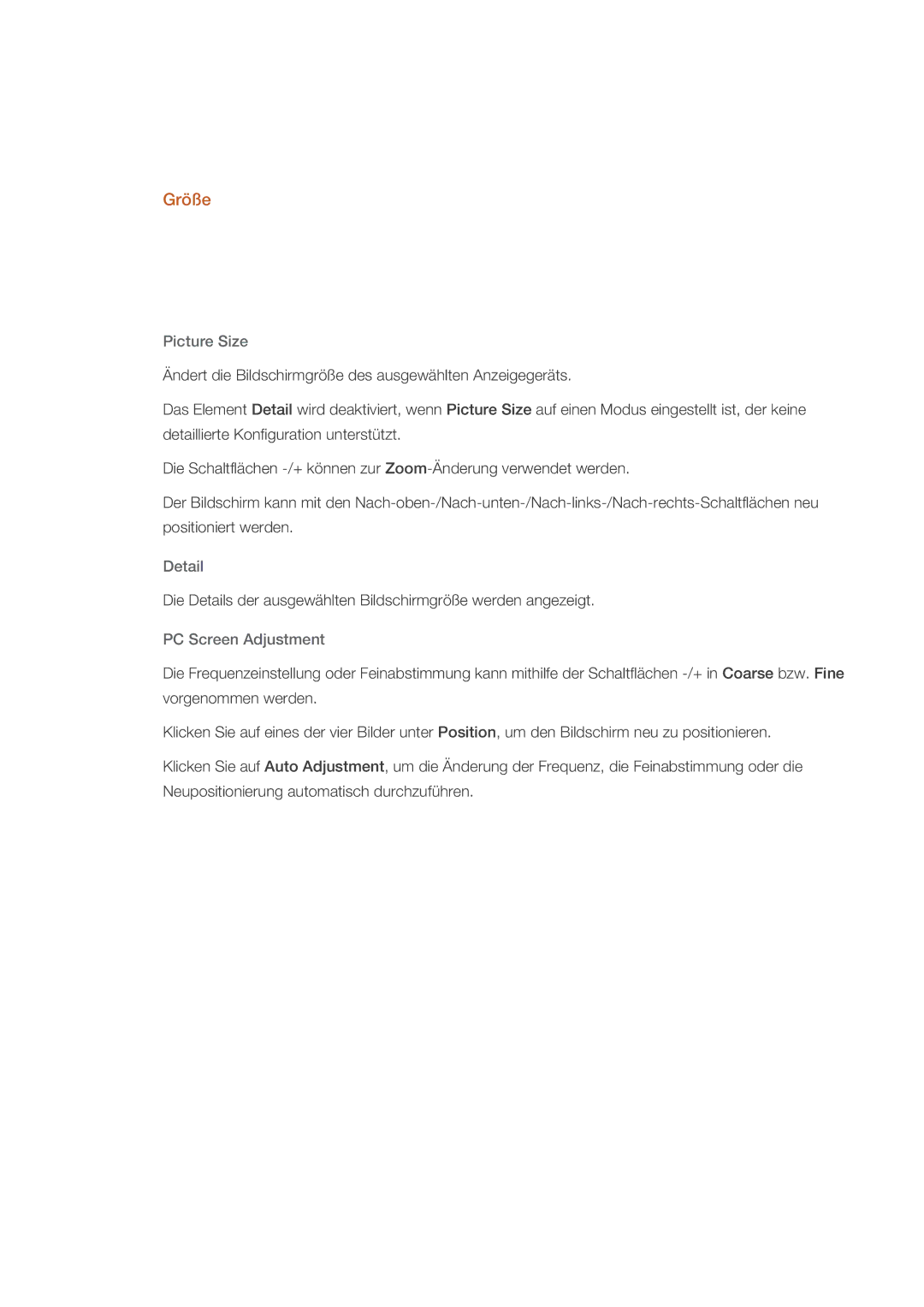 Samsung LH70CSBPLBC/EN manual Größe, Picture Size, Detail, PC Screen Adjustment 