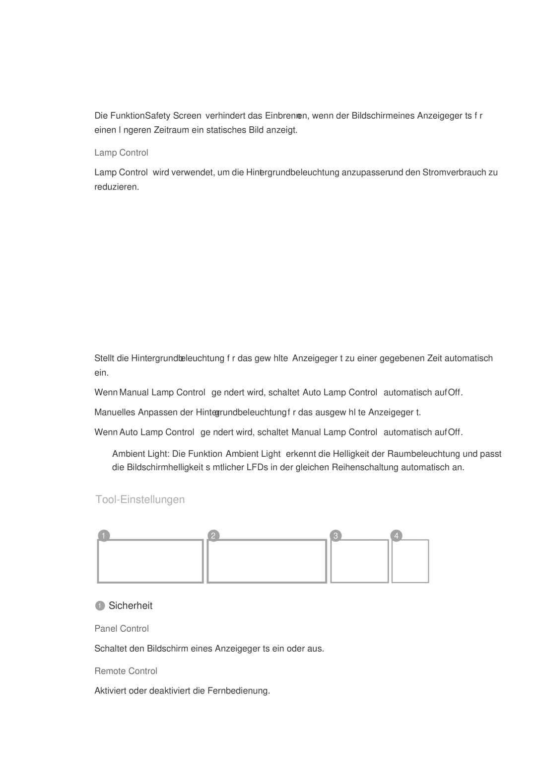 Samsung LH70CSBPLBC/EN manual Tool-Einstellungen, Lamp Control, Panel Control, Remote Control 