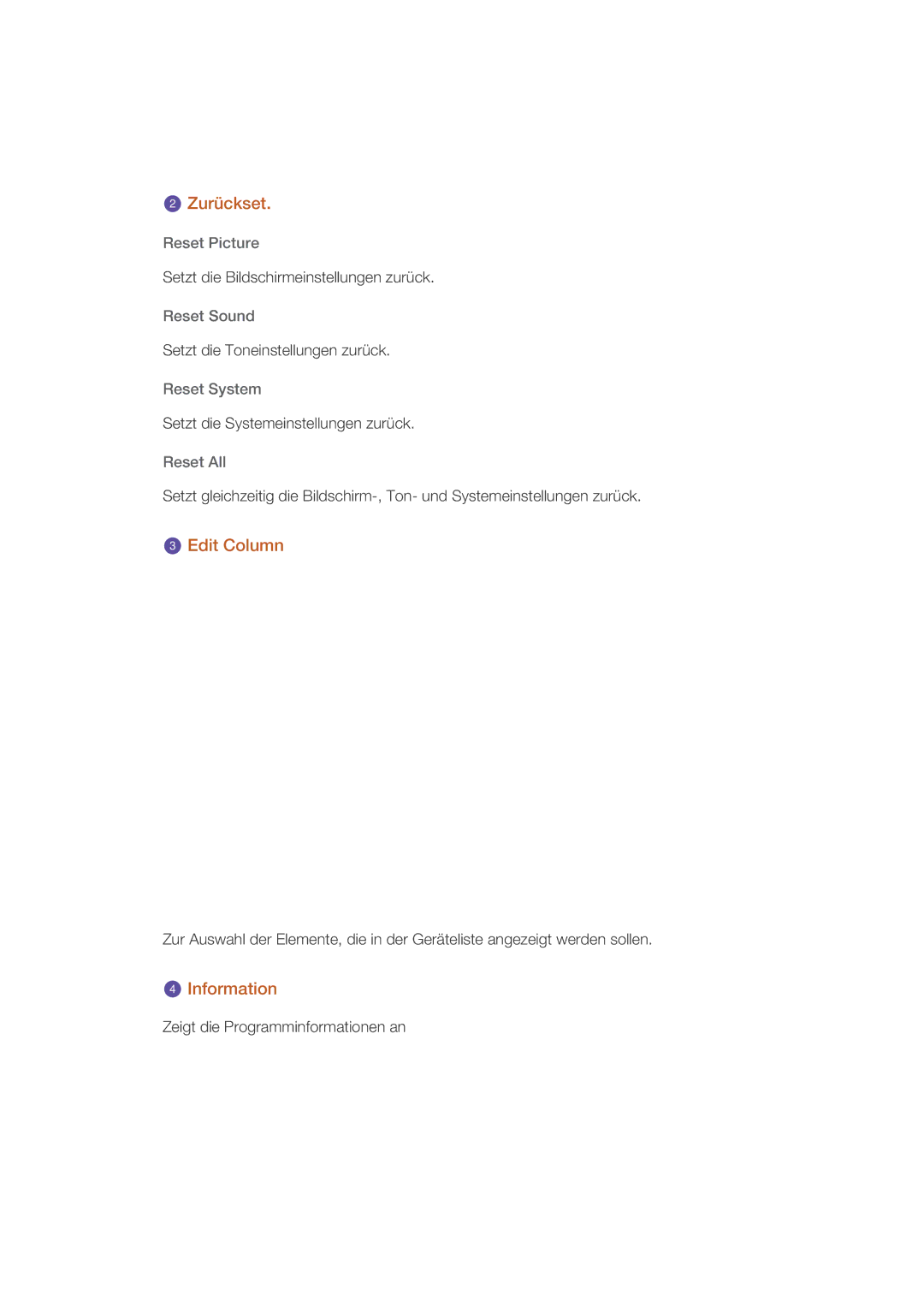 Samsung LH70CSBPLBC/EN manual Zurückset, Edit Column, Information 