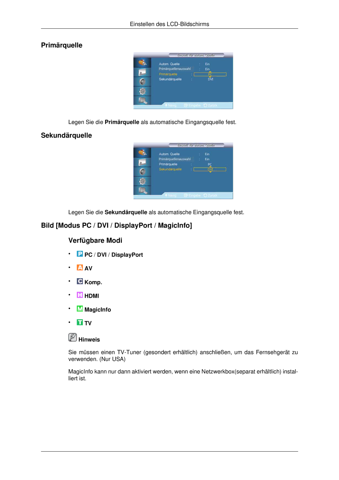 Samsung LH70CSBPLBC/EN manual Primärquelle, Sekundärquelle 