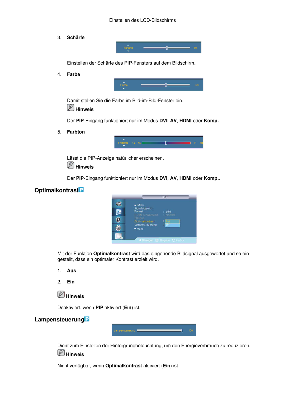 Samsung LH70CSBPLBC/EN manual Optimalkontrast, Lampensteuerung, Farbe, Farbton, Aus Ein Hinweis 