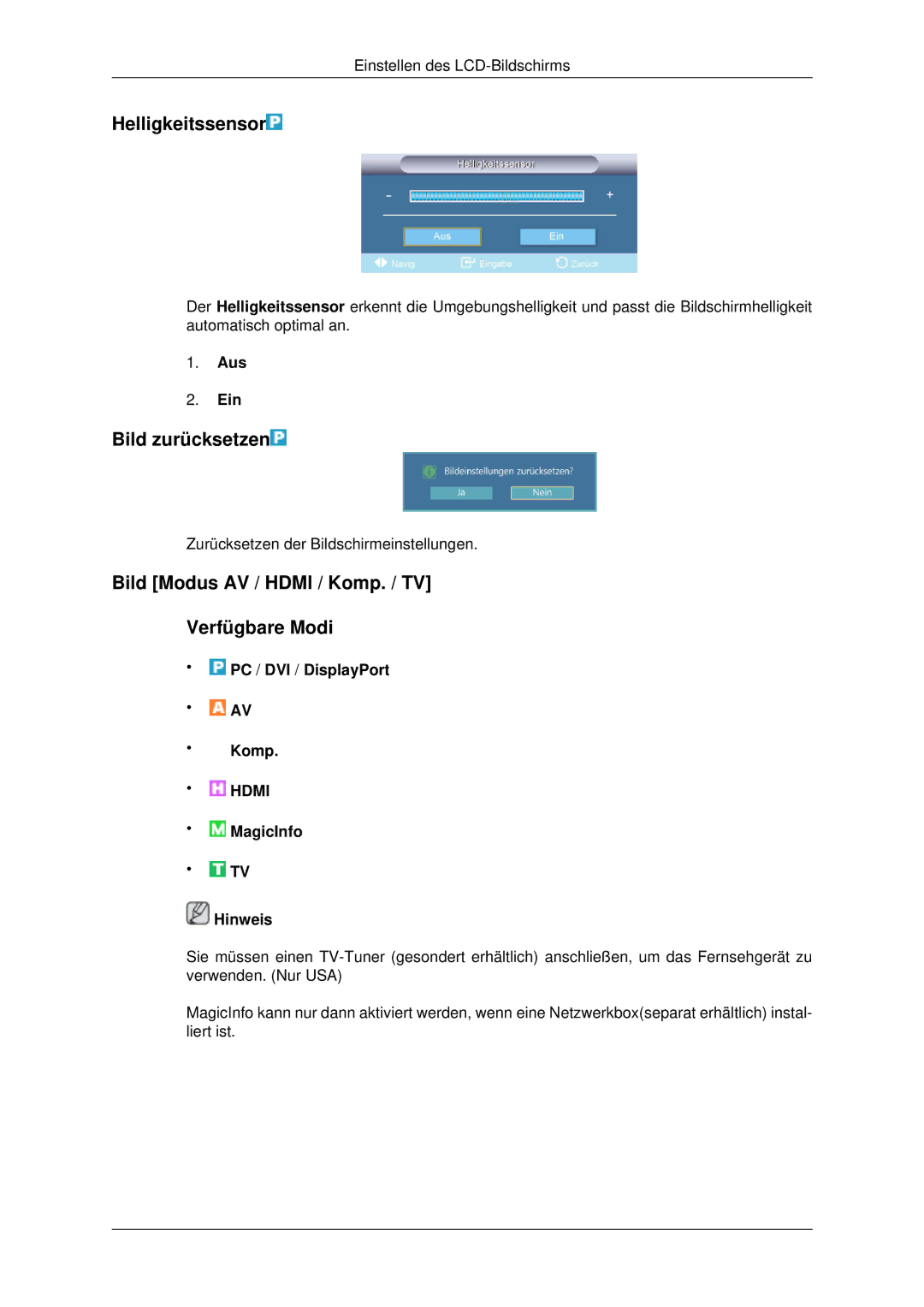 Samsung LH70CSBPLBC/EN manual Helligkeitssensor, Bild zurücksetzen, Bild Modus AV / Hdmi / Komp. / TV Verfügbare Modi 