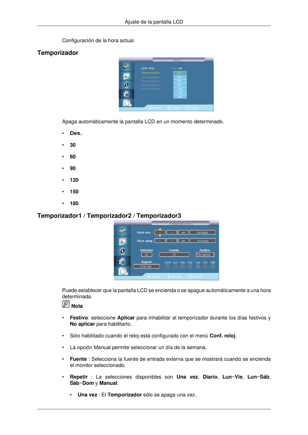 Samsung LH70CSBPLBC/EN manual Temporizador1 / Temporizador2 / Temporizador3, Des 120 150 180 