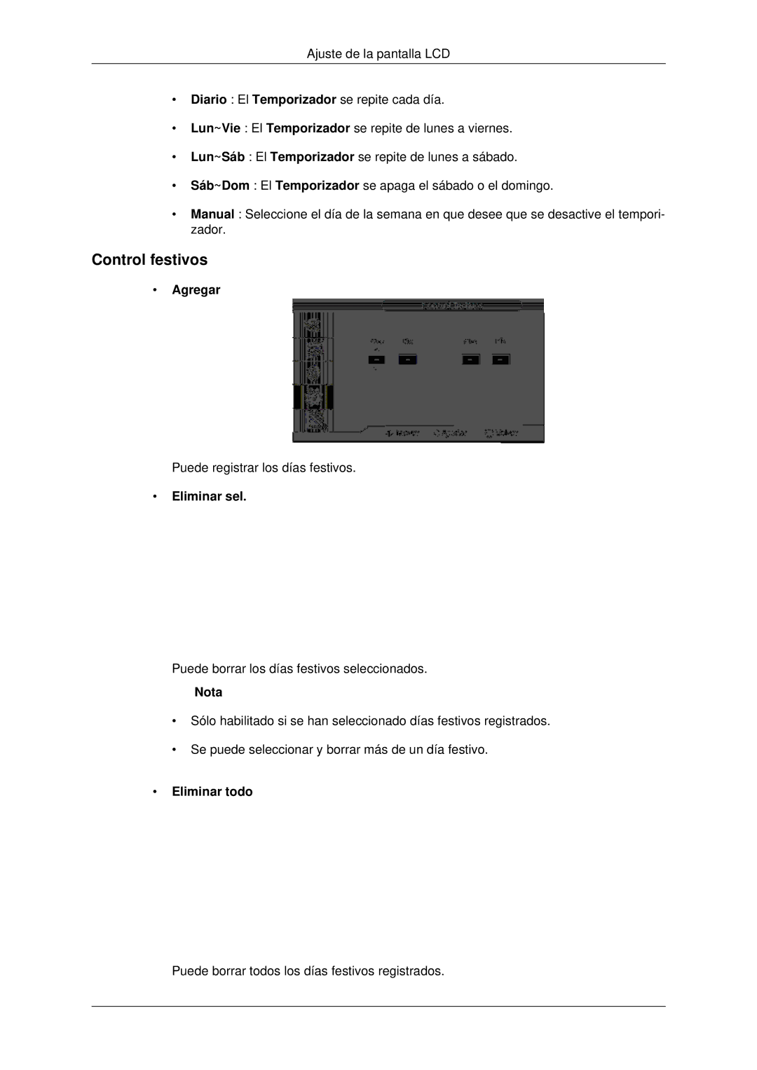 Samsung LH70CSBPLBC/EN manual Control festivos, Agregar, Eliminar sel, Eliminar todo 