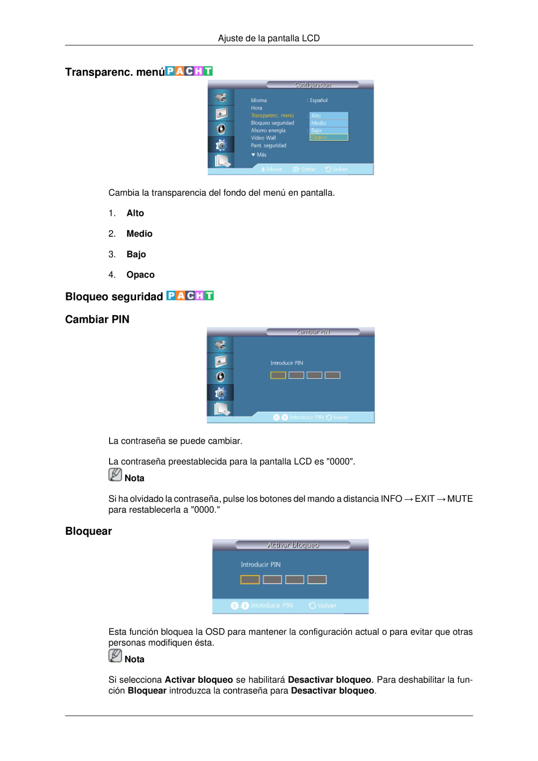 Samsung LH70CSBPLBC/EN manual Transparenc. menú, Bloqueo seguridad Cambiar PIN, Bloquear, Alto Medio Bajo Opaco 