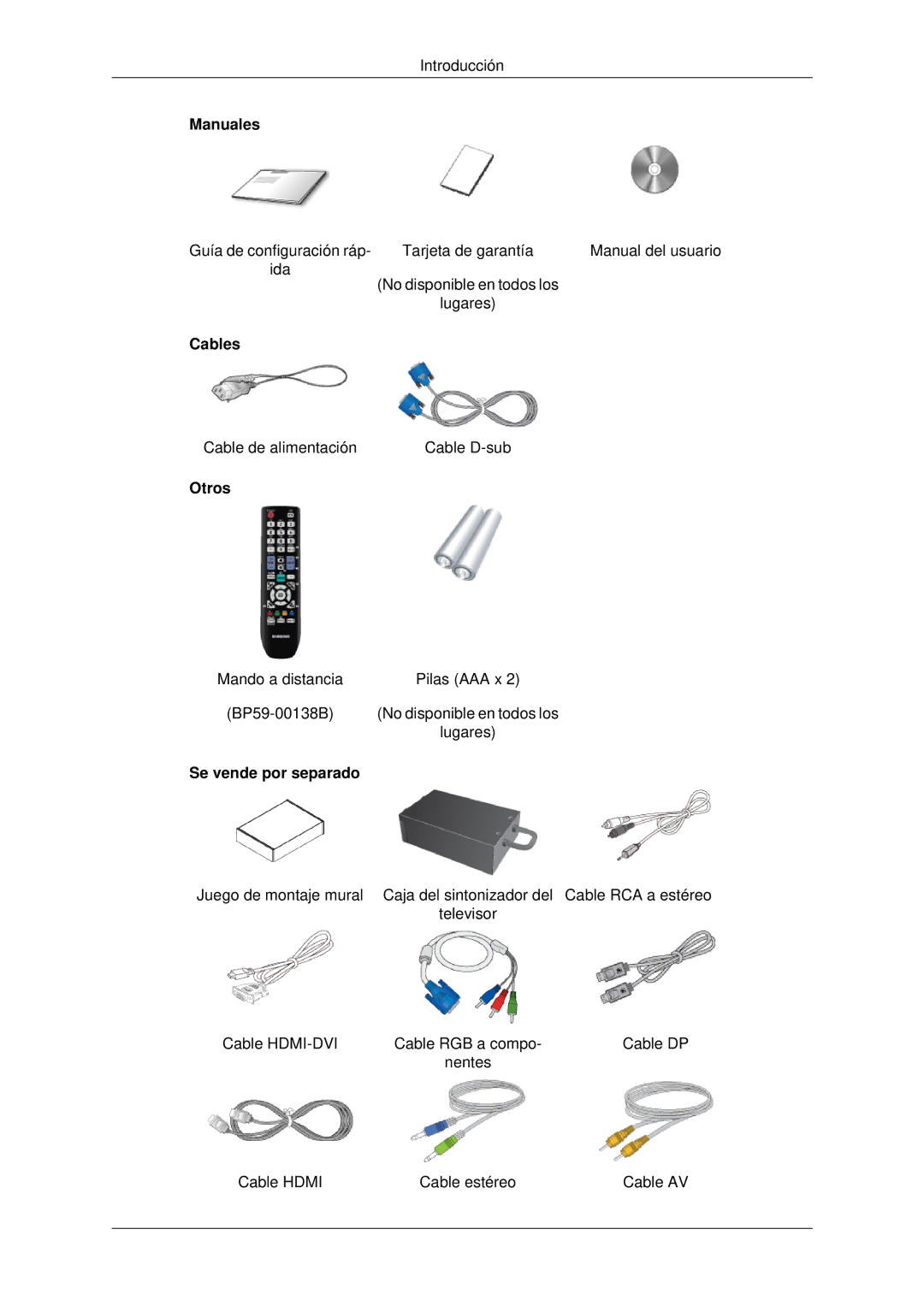 Samsung LH70CSBPLBC/EN manual Manuales, Cables, Otros, Se vende por separado 