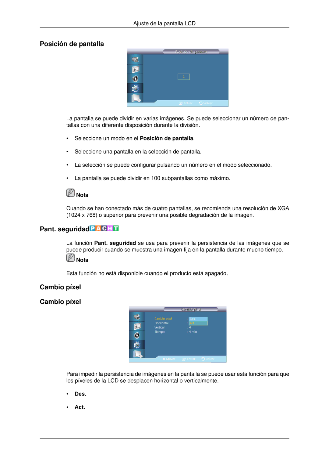 Samsung LH70CSBPLBC/EN manual Posición de pantalla, Pant. seguridad, Cambio píxel 