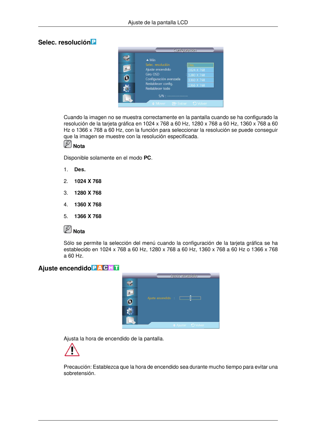 Samsung LH70CSBPLBC/EN manual Selec. resolución, Ajuste encendido, Des 1024 X 1280 X 1360 X 1366 X Nota 