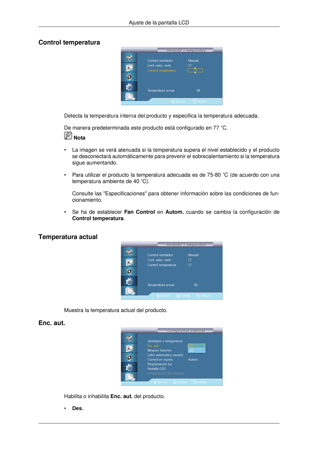 Samsung LH70CSBPLBC/EN manual Control temperatura, Temperatura actual, Enc. aut, Des 