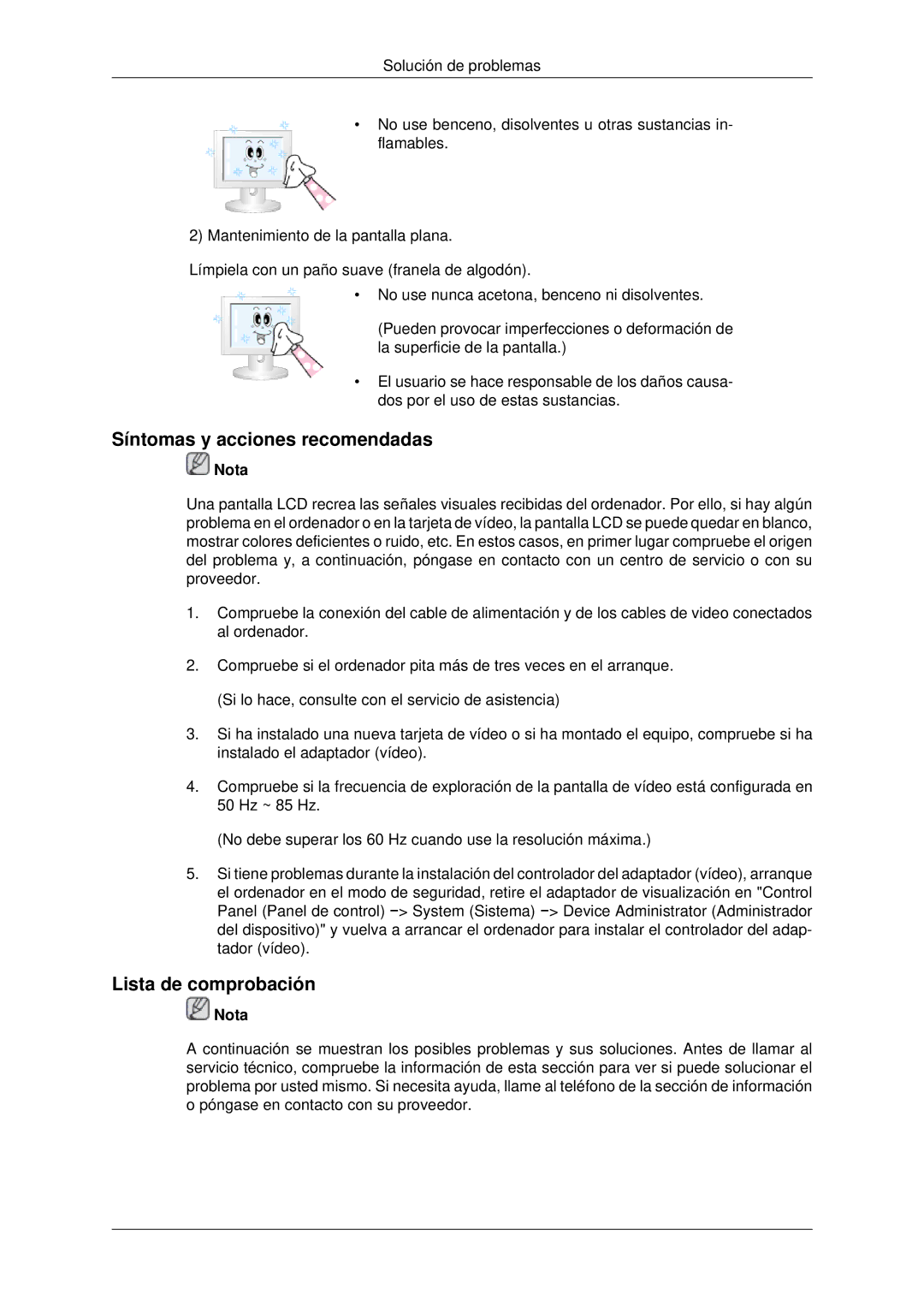 Samsung LH70CSBPLBC/EN manual Síntomas y acciones recomendadas, Lista de comprobación 