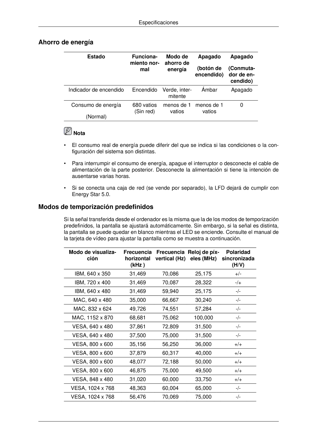 Samsung LH70CSBPLBC/EN manual Modos de temporización predefinidos 