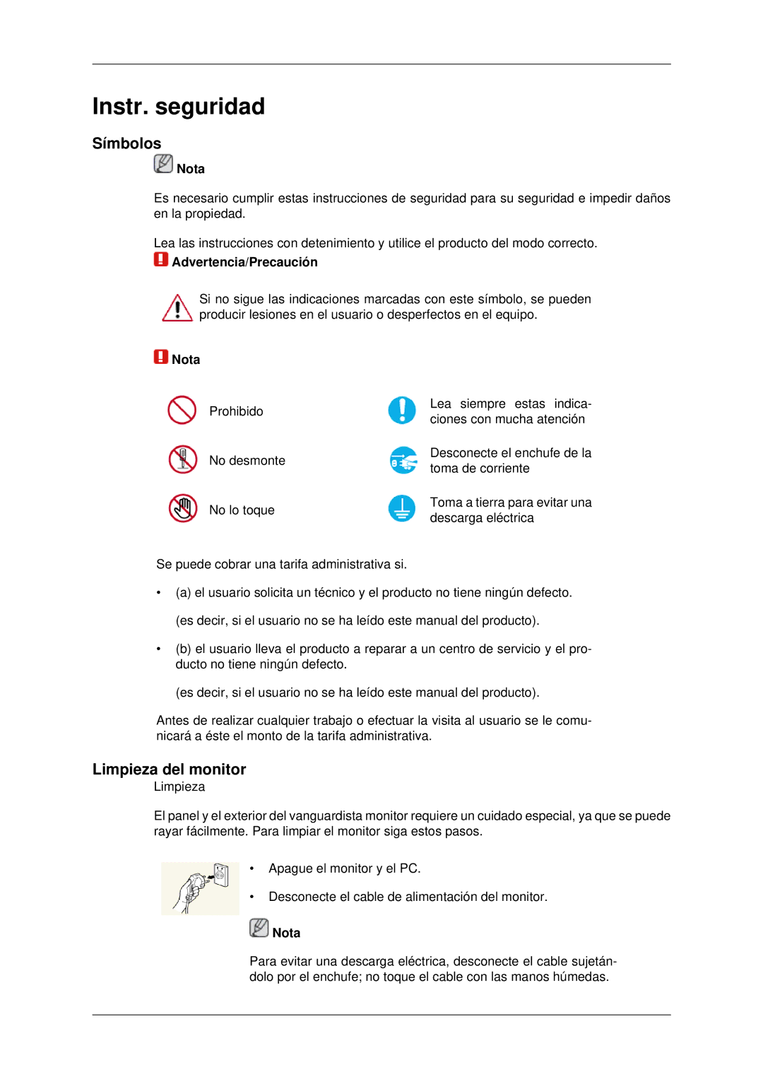 Samsung LH70CSBPLBC/EN manual Símbolos, Limpieza del monitor, Nota, Advertencia/Precaución 