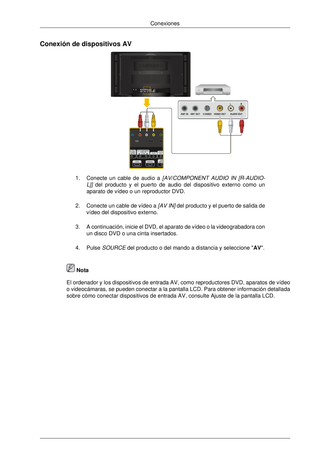 Samsung LH70CSBPLBC/EN manual Conexión de dispositivos AV 