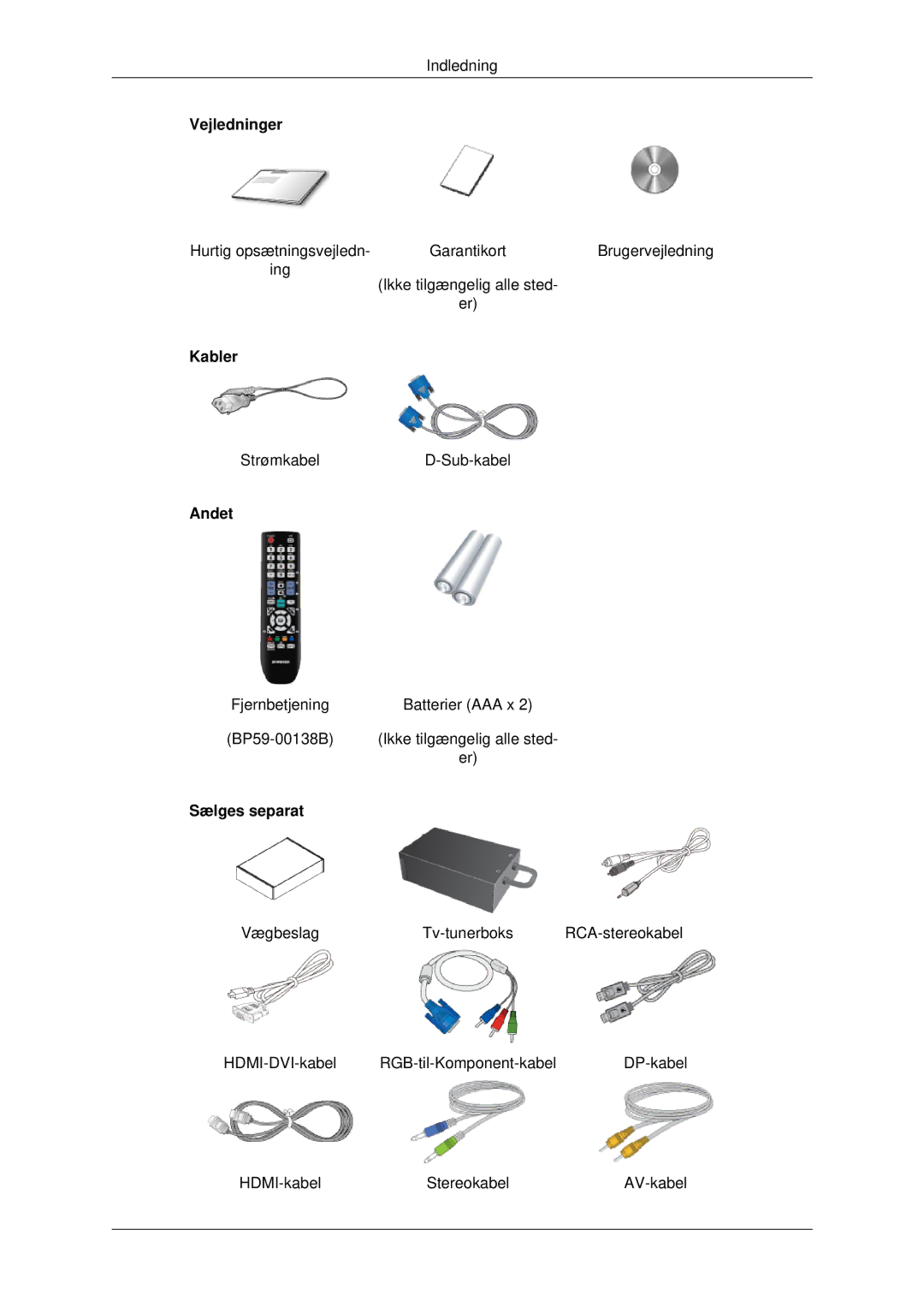 Samsung LH70CSBPLBC/EN manual Vejledninger, Kabler, Andet, Sælges separat 