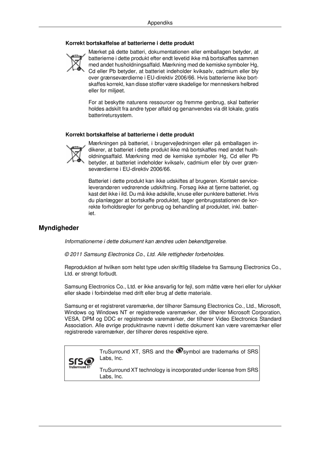 Samsung LH70CSBPLBC/EN manual Myndigheder, Korrekt bortskaffelse af batterierne i dette produkt 